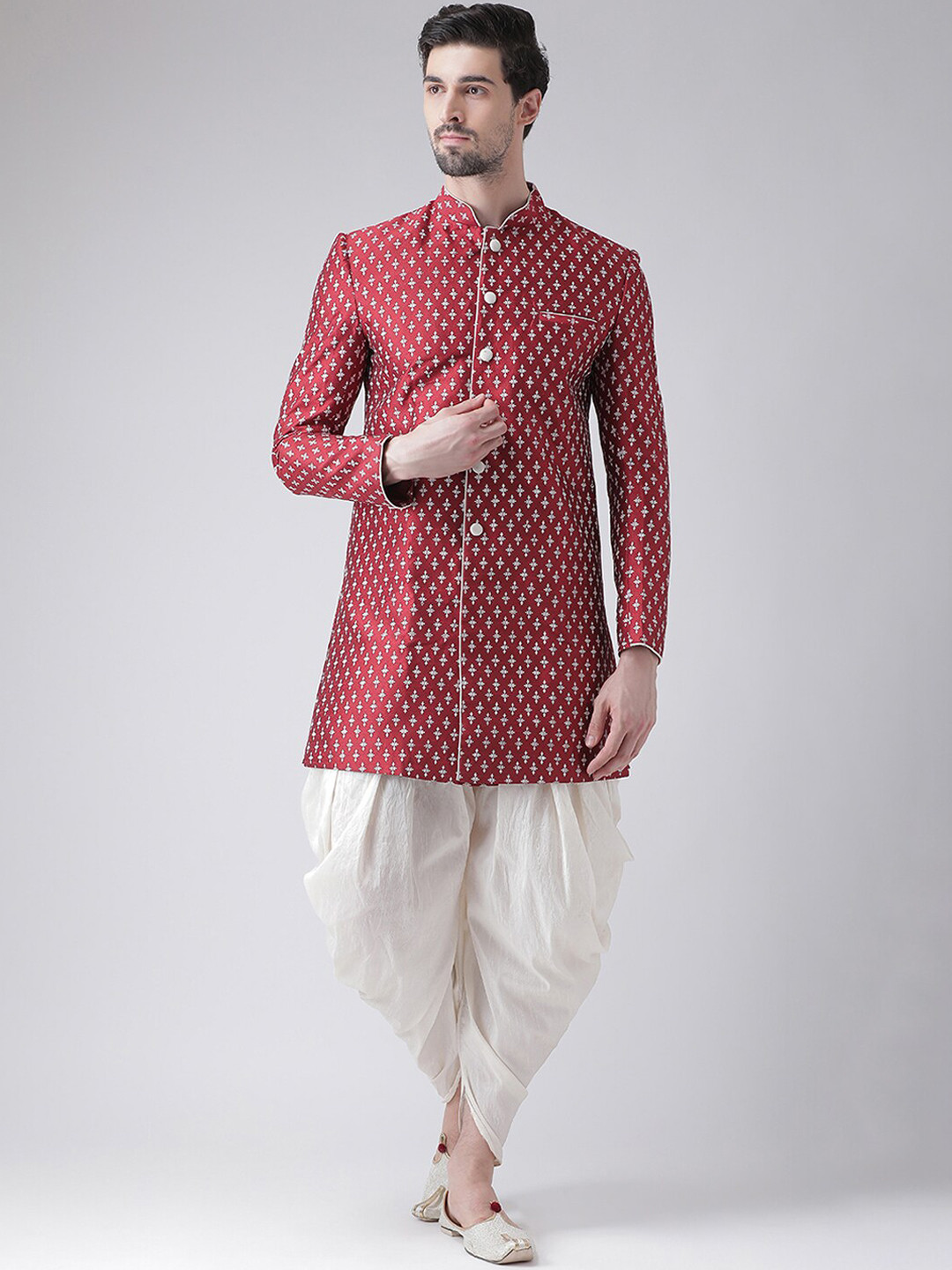 DEYANN Men Red & Off White Printed Sherwani With Patiala Pants