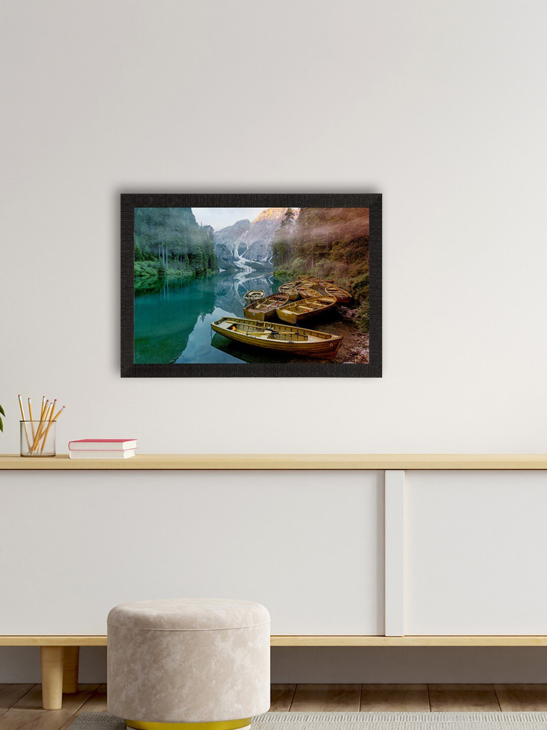 eCraftIndia Green & Brown Splendid River Between Mountains View Satin Matte Texture UV Wall Painting