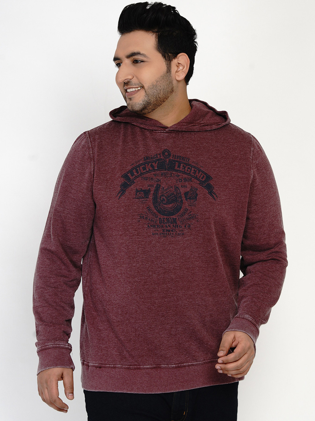 Santonio Men Maroon & Black Cotton Printed Hooded Sweatshirt