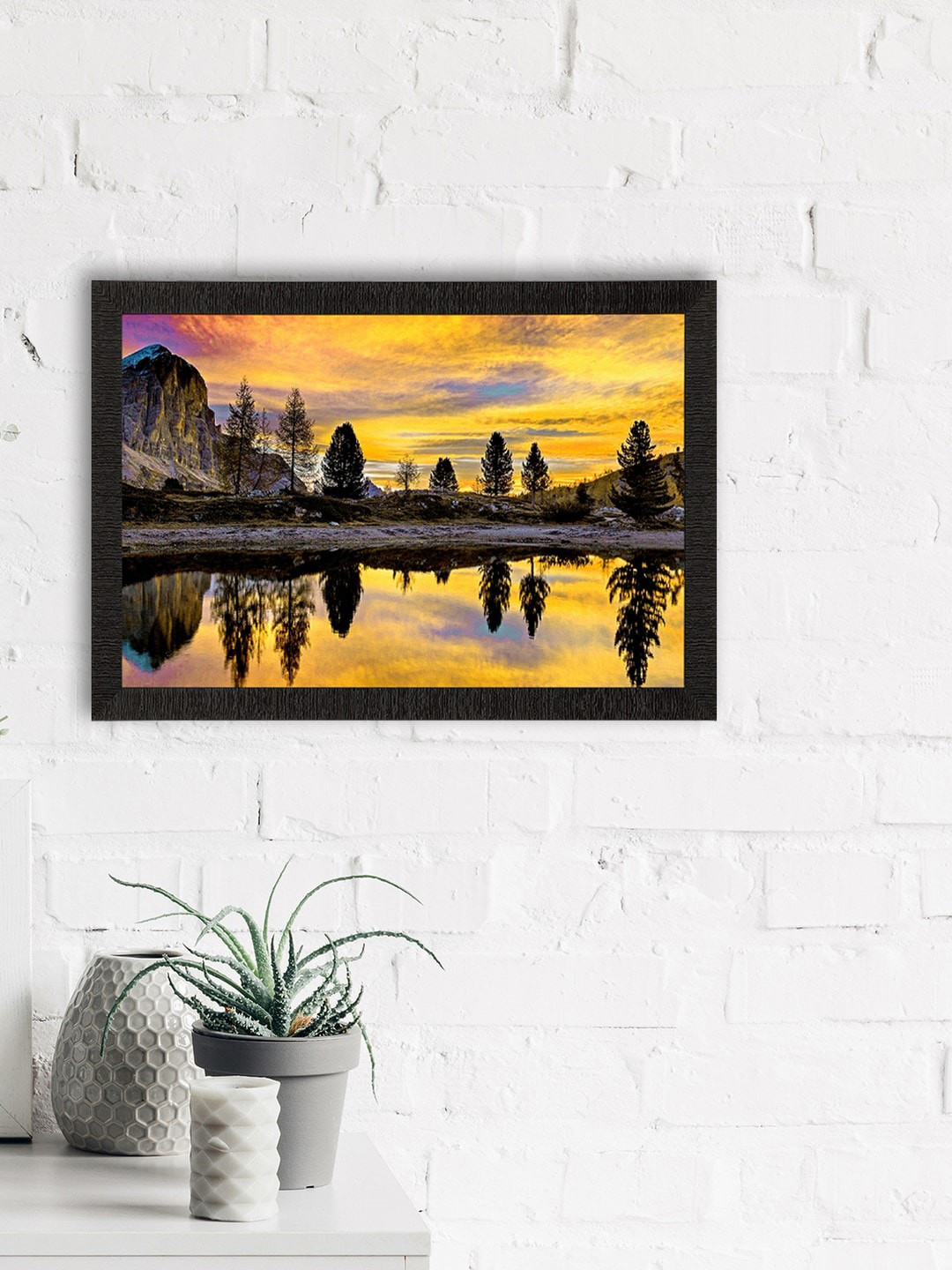 eCraftIndia Yellow & Black Scenic Lake Side View Satin Matte Texture UV Wall Painting