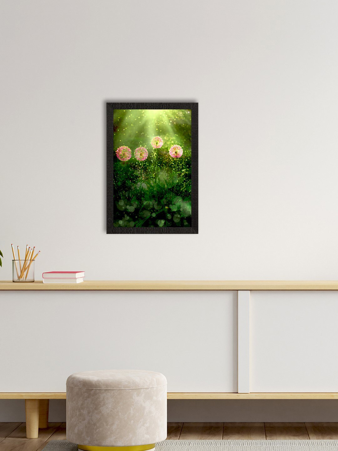 eCraftIndia Green & Pink Floral Satin Matte Texture UV Wall Painting