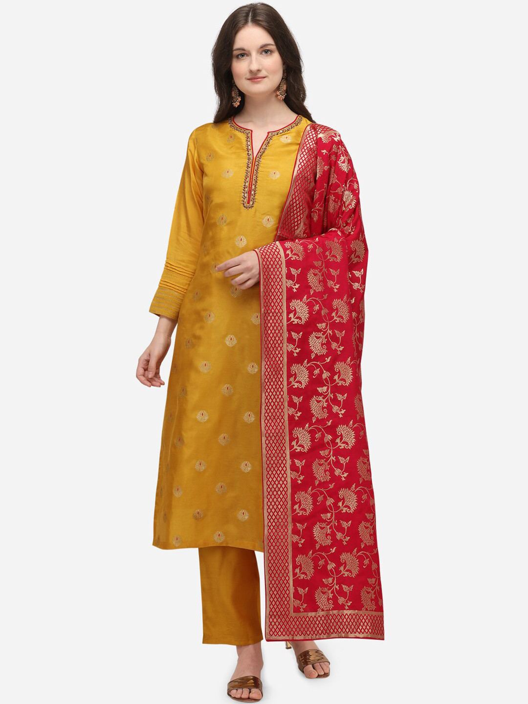 Seerat Women Mustard Yellow & Red Woven Design Kurta with Trousers & Dupatta