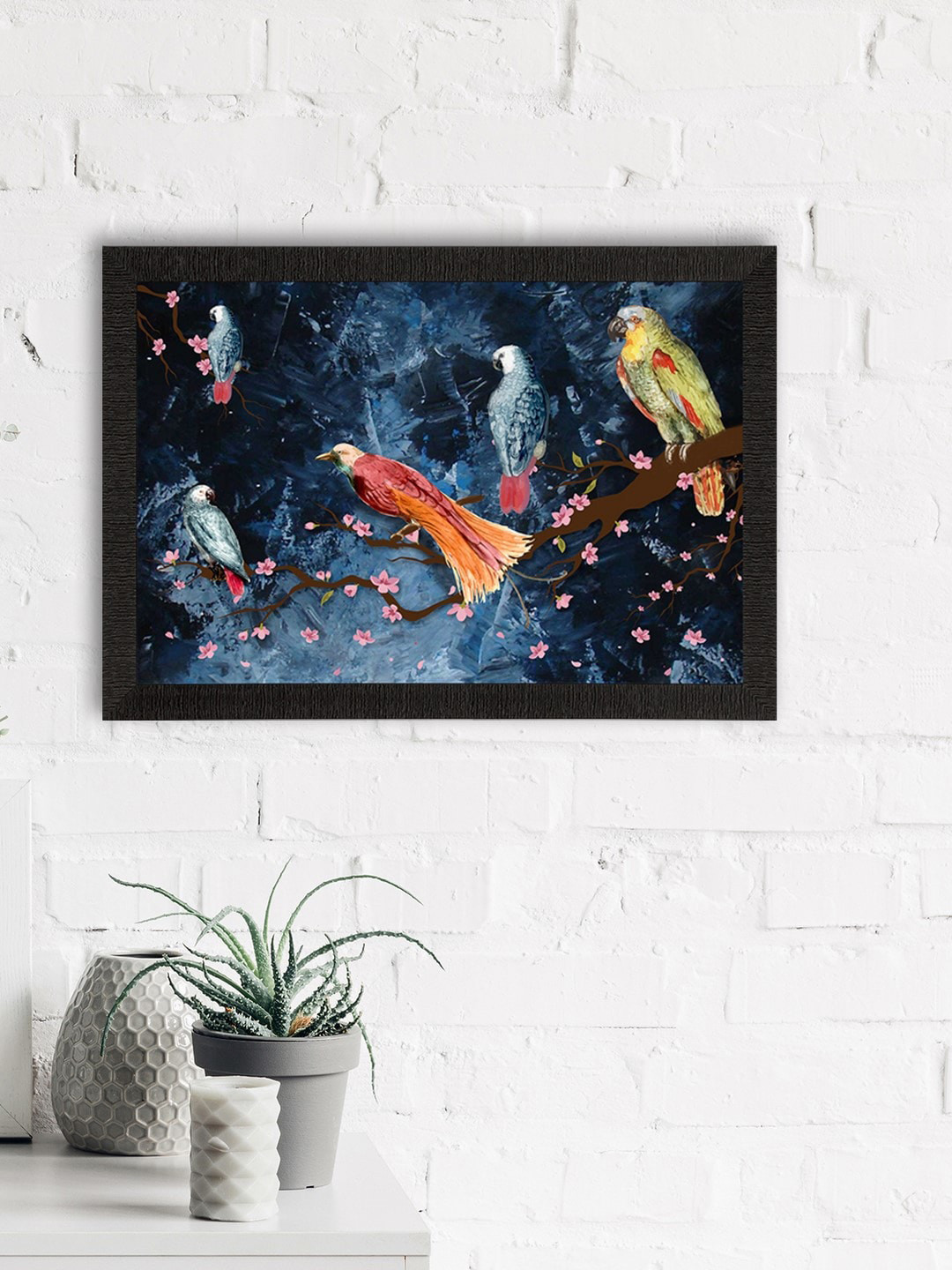 eCraftIndia Navy Blue & Orange Birds Satin Matte Texture UV Wall Painting