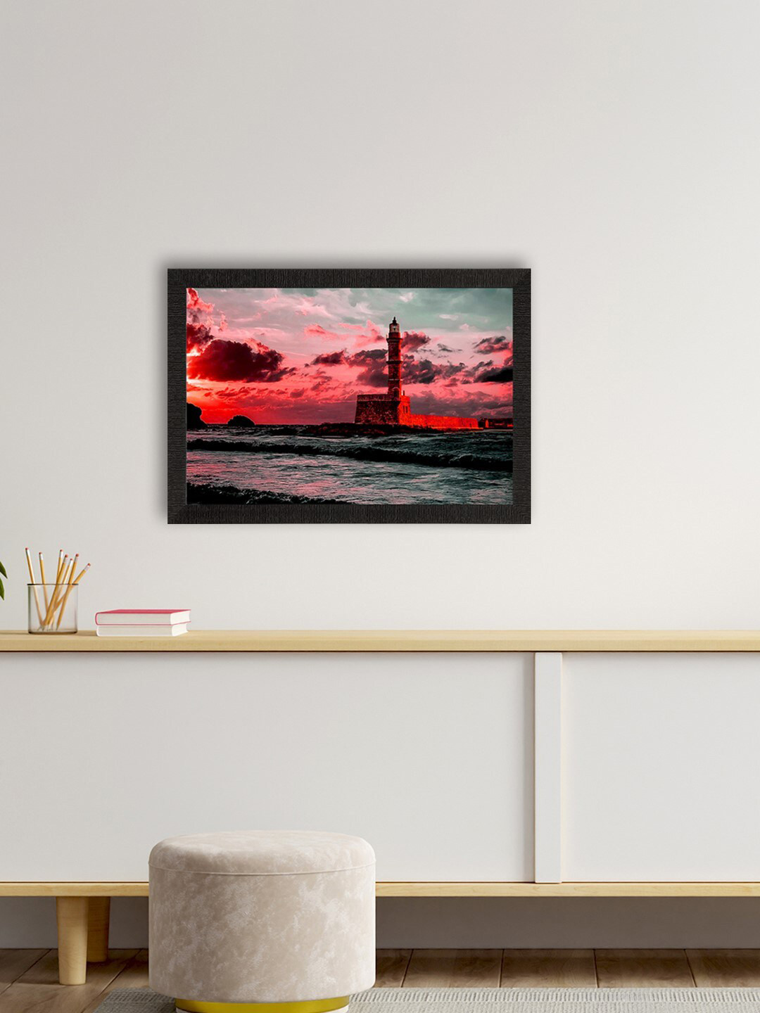 eCraftIndia Red & Grey Seaside Lighthouse Scenic View Satin Matte Texture UV Wall Painting