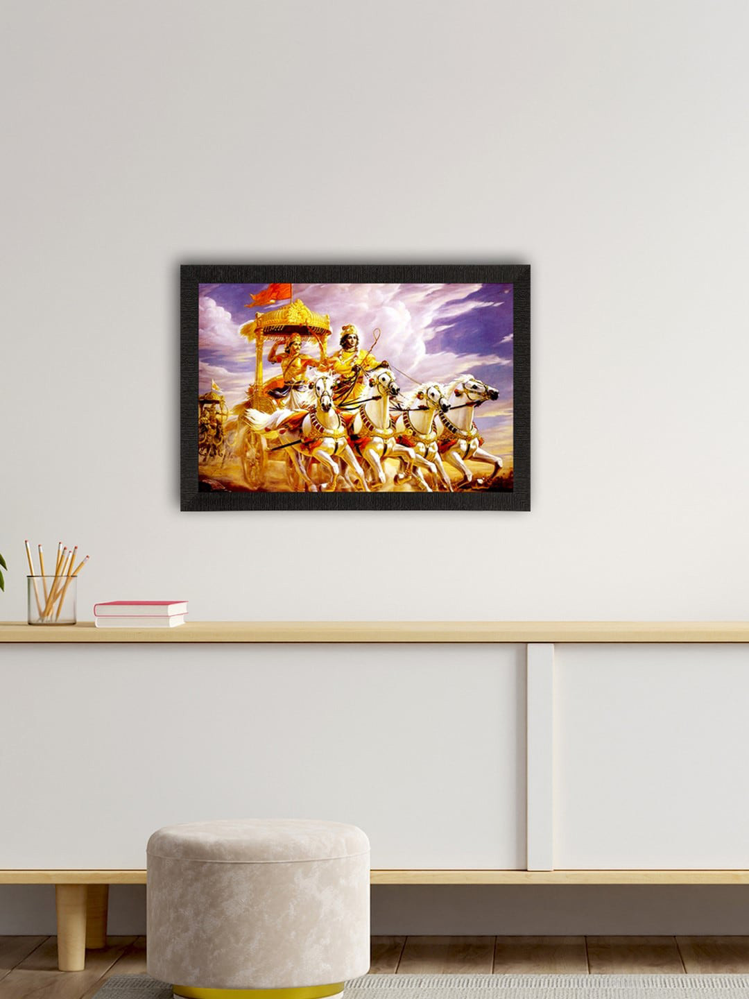 eCraftIndia Krishna With Arjun On Rath Synthetic Wood Paintings Wall Art - 20x14In