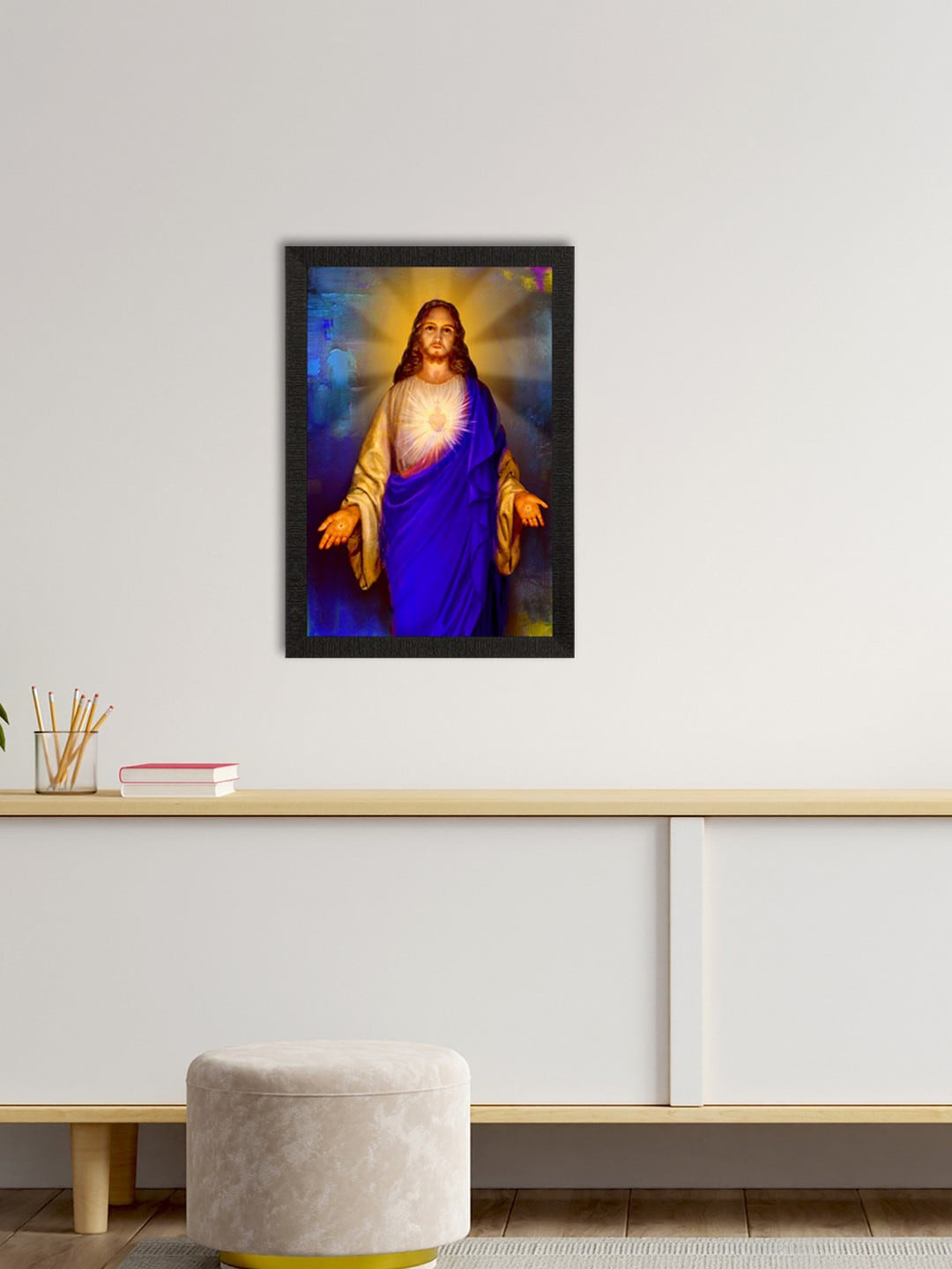eCraftIndia Blue & Mustard Yellow Jesus Christ Satin Matte Texture UV Wall Painting