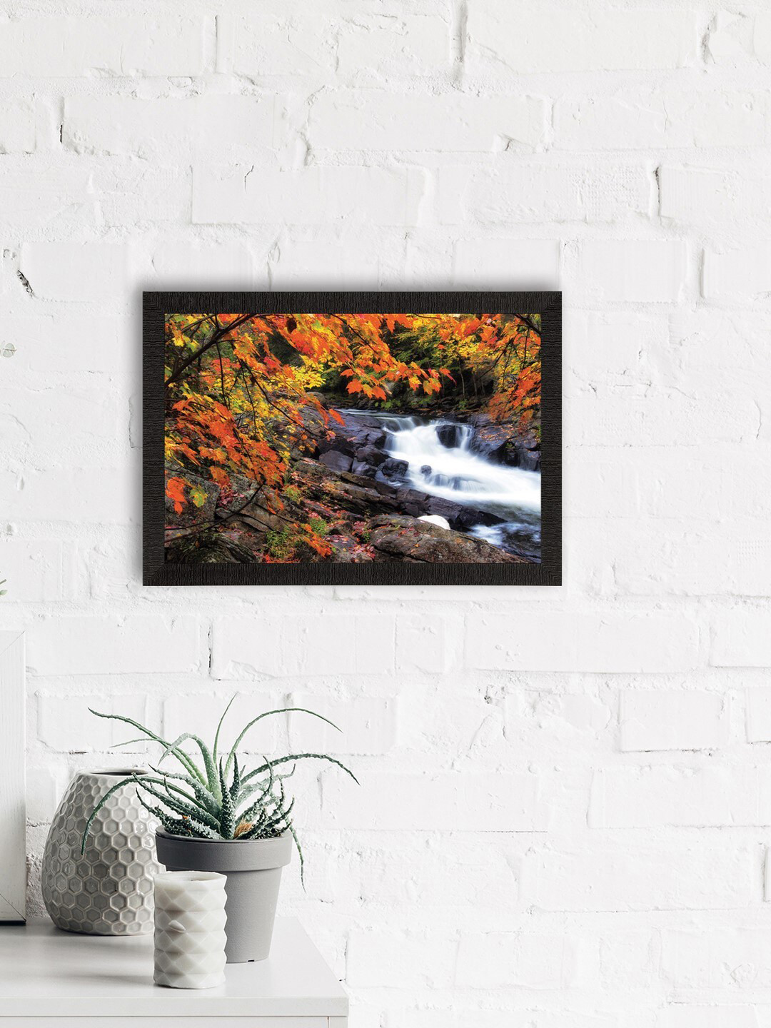 eCraftIndia Waterfall View Synthetic Wood Wall Rectangle Paintings Wall Art -14 x 10 In