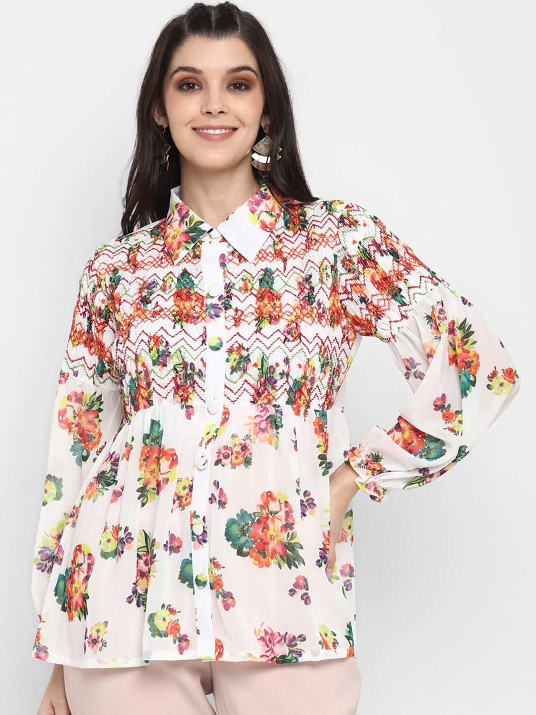 BLANC9 Multicoloured Floral Printed Puff Sleeves A-Line Top