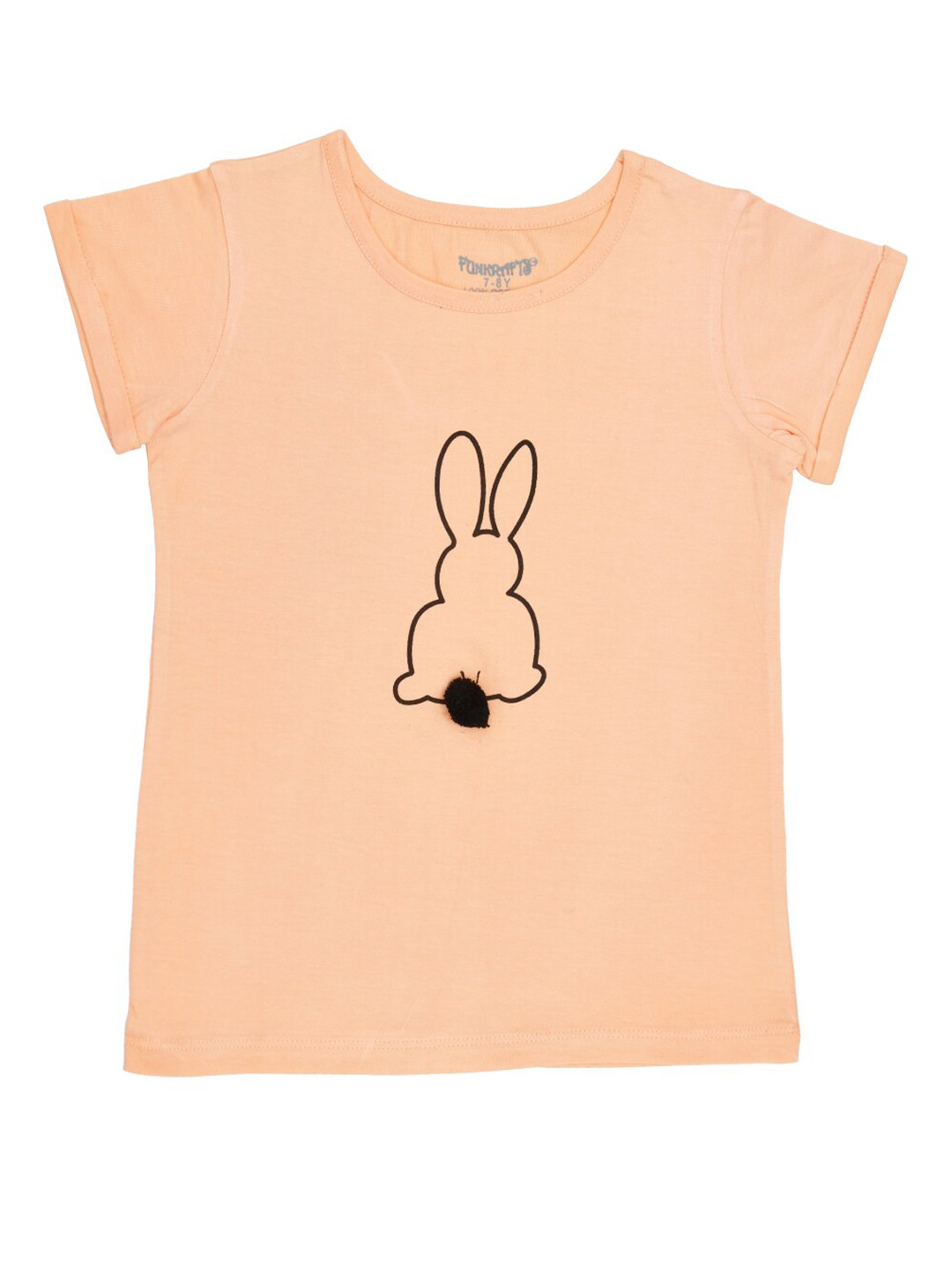 FUNKRAFTS Girls Peach-Coloured  Black Bunny Print Round Neck Pure Cotton T-shirt