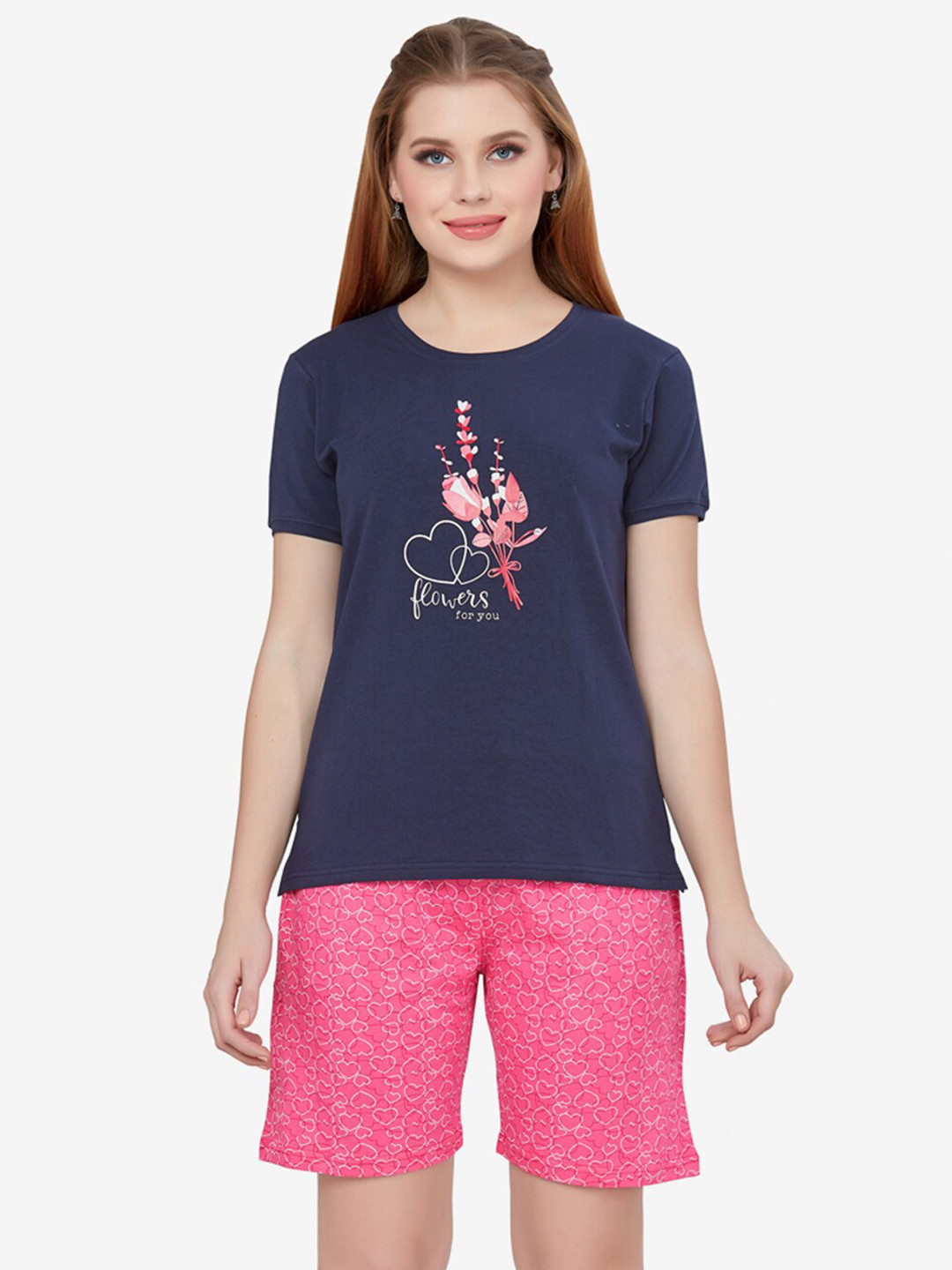 Lenissa Women Navy Blue & Pink Printed Cotton Night suit