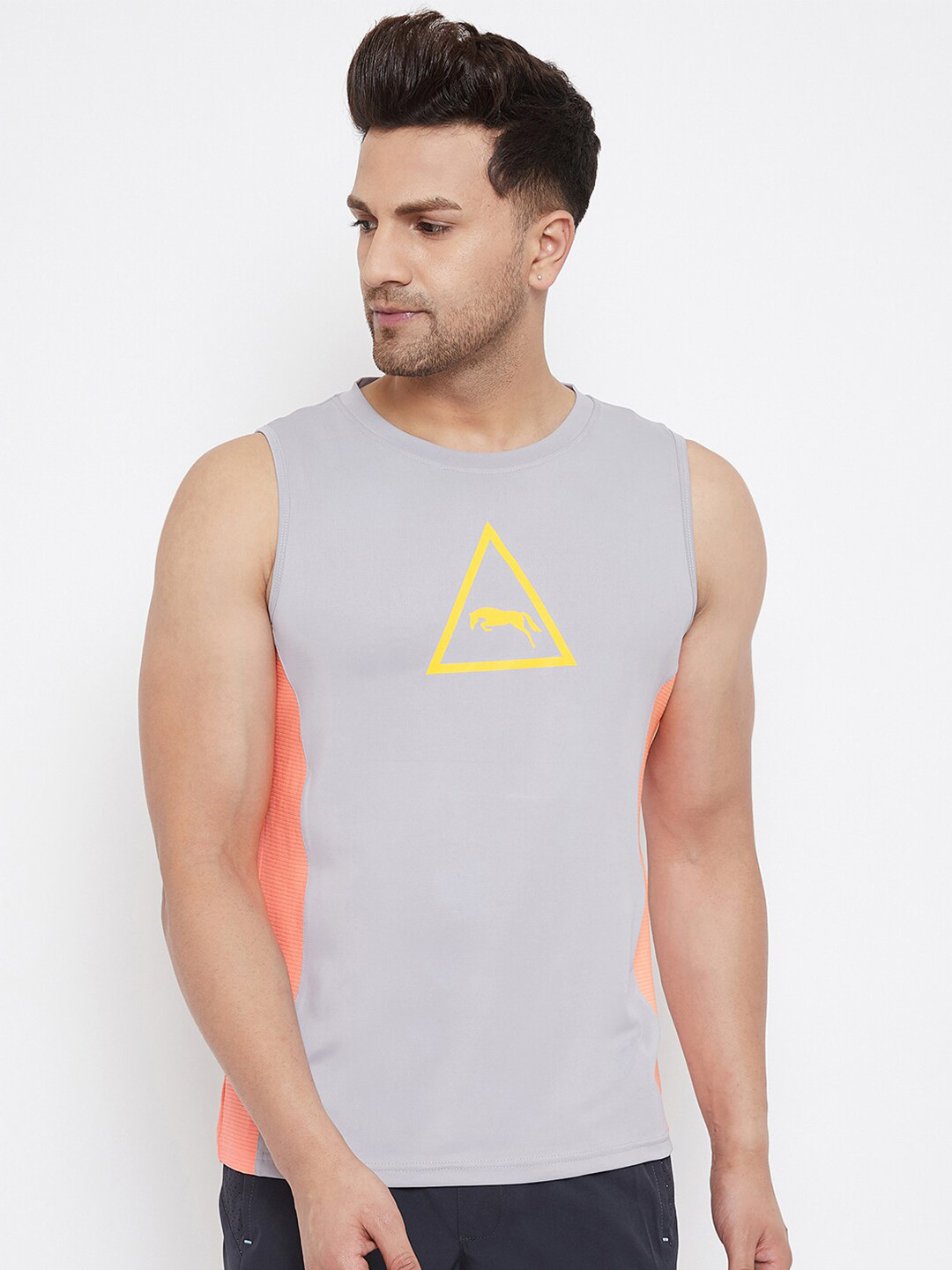 JUMP USA Men Grey Melange & Yellow Brand Logo Print Sleeveless T-shirt