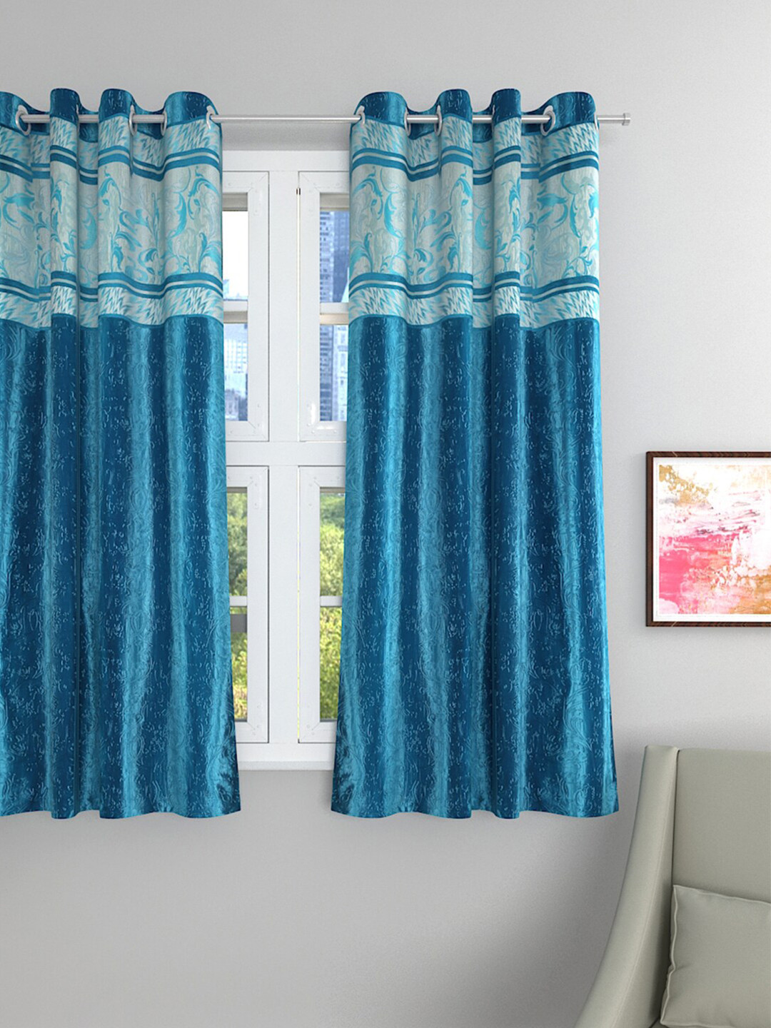 ROMEE Turquoise Blue & White Single Room Darkening Curtain