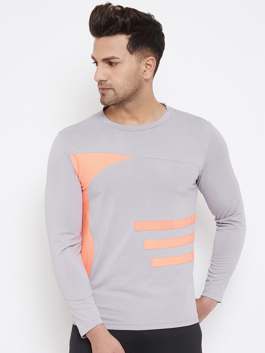 JUMP USA Men Grey & Orange Colourblocked Round Neck T-shirt