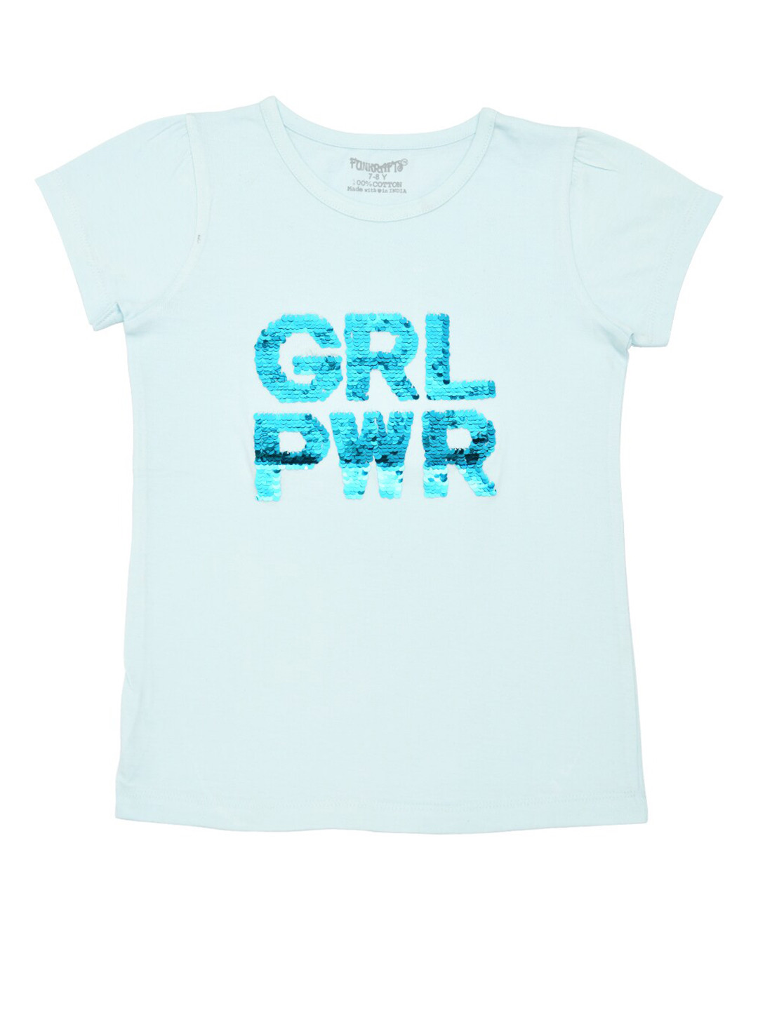 FUNKRAFTS Girls Blue  Pink Flip Sequinned Round Neck Pure Cotton T-shirt