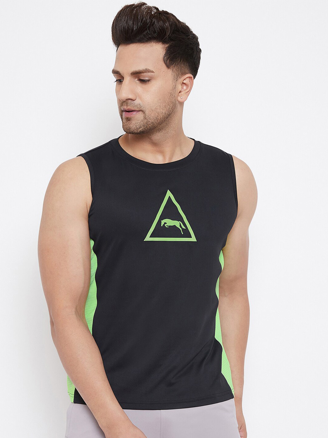 JUMP USA Men Black & Green Brand Logo Print Sleeveless T-shirt