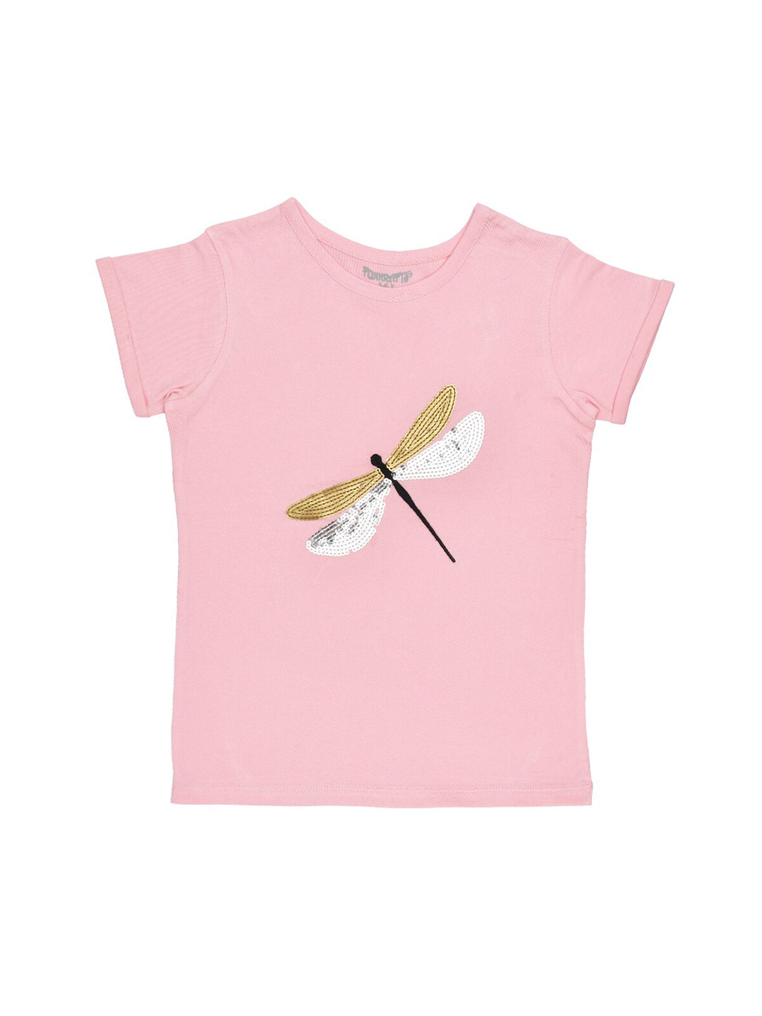 FUNKRAFTS Girls Pink  White Sequinned Round Neck Pure Cotton T-shirt