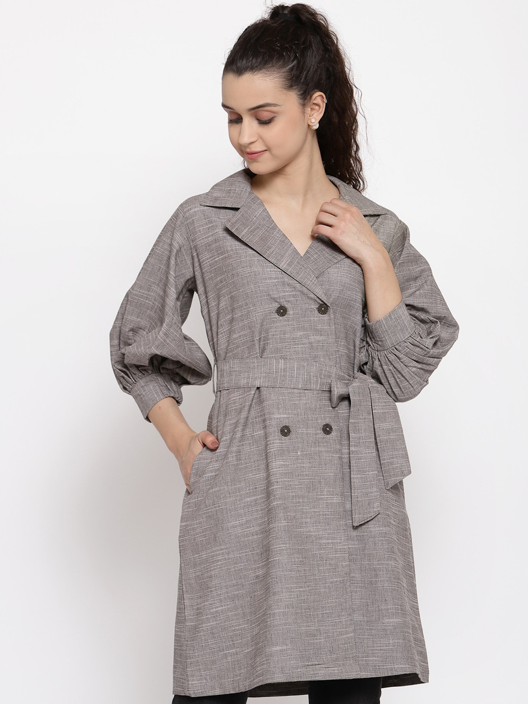 Style Quotient Women Grey Pure Cotton Self-Design Double-Breasted Trench Coat With A Belt