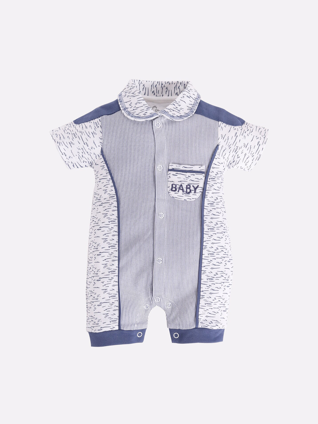 BABY GO Infant Boys White & Blue Printed Pure Cotton Romper