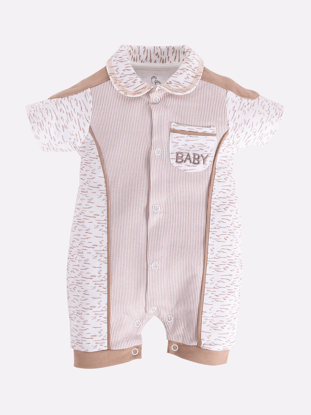 BABY GO Boys White & Taupe Printed Half Sleeve Pure Cotton Romper