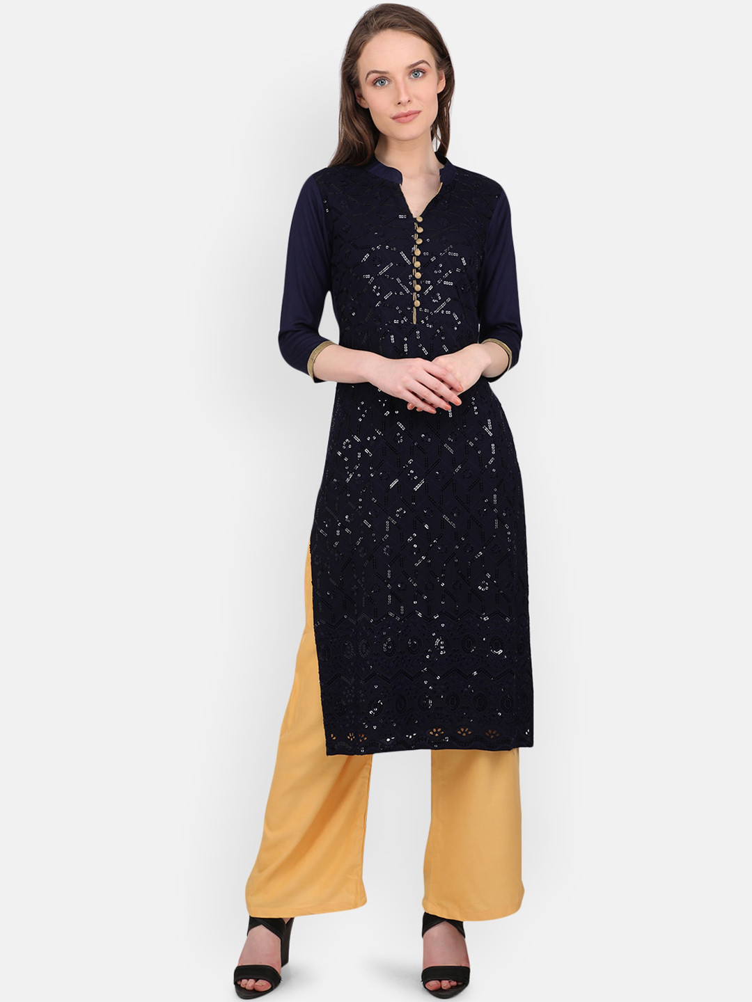 MARC LOUIS Women Navy Blue Embellished Kurta