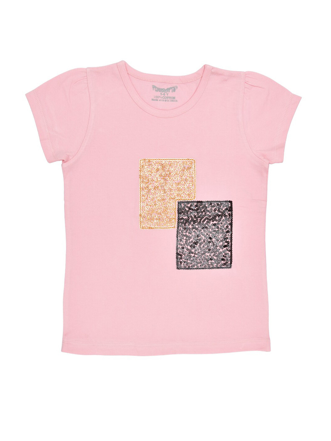FUNKRAFTS Girls Pink  Black Sequinned Round Neck Pure Cotton T-shirt
