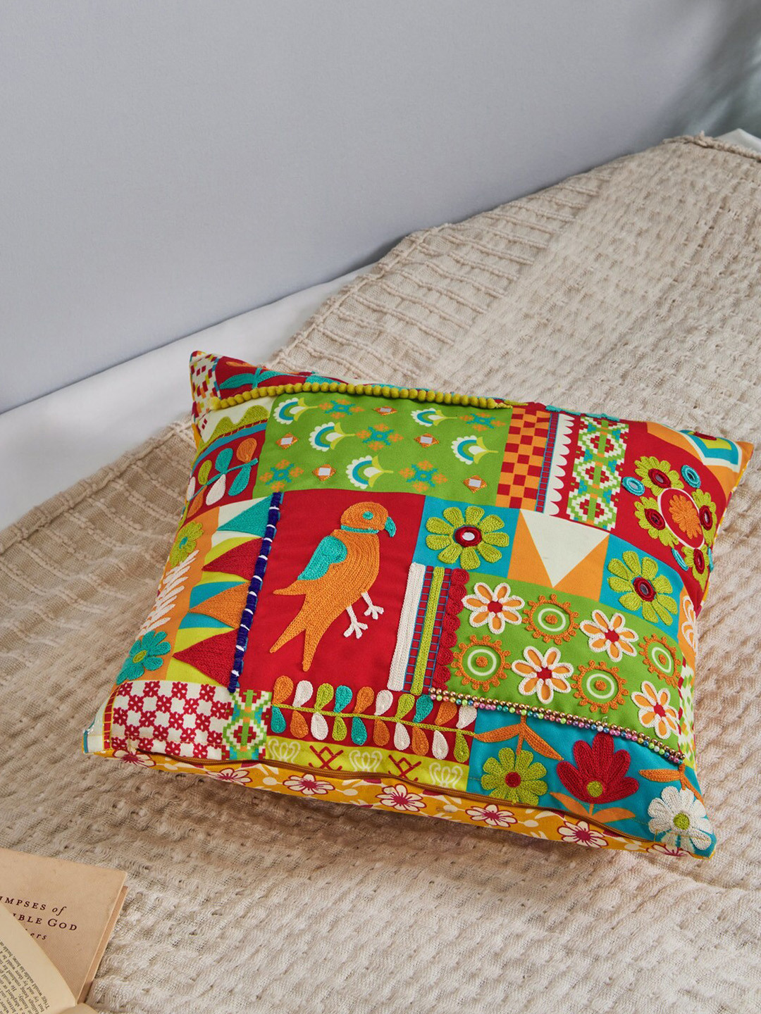 Chumbak Green & Red Single Ethnic Motifs Square Cushion Covers