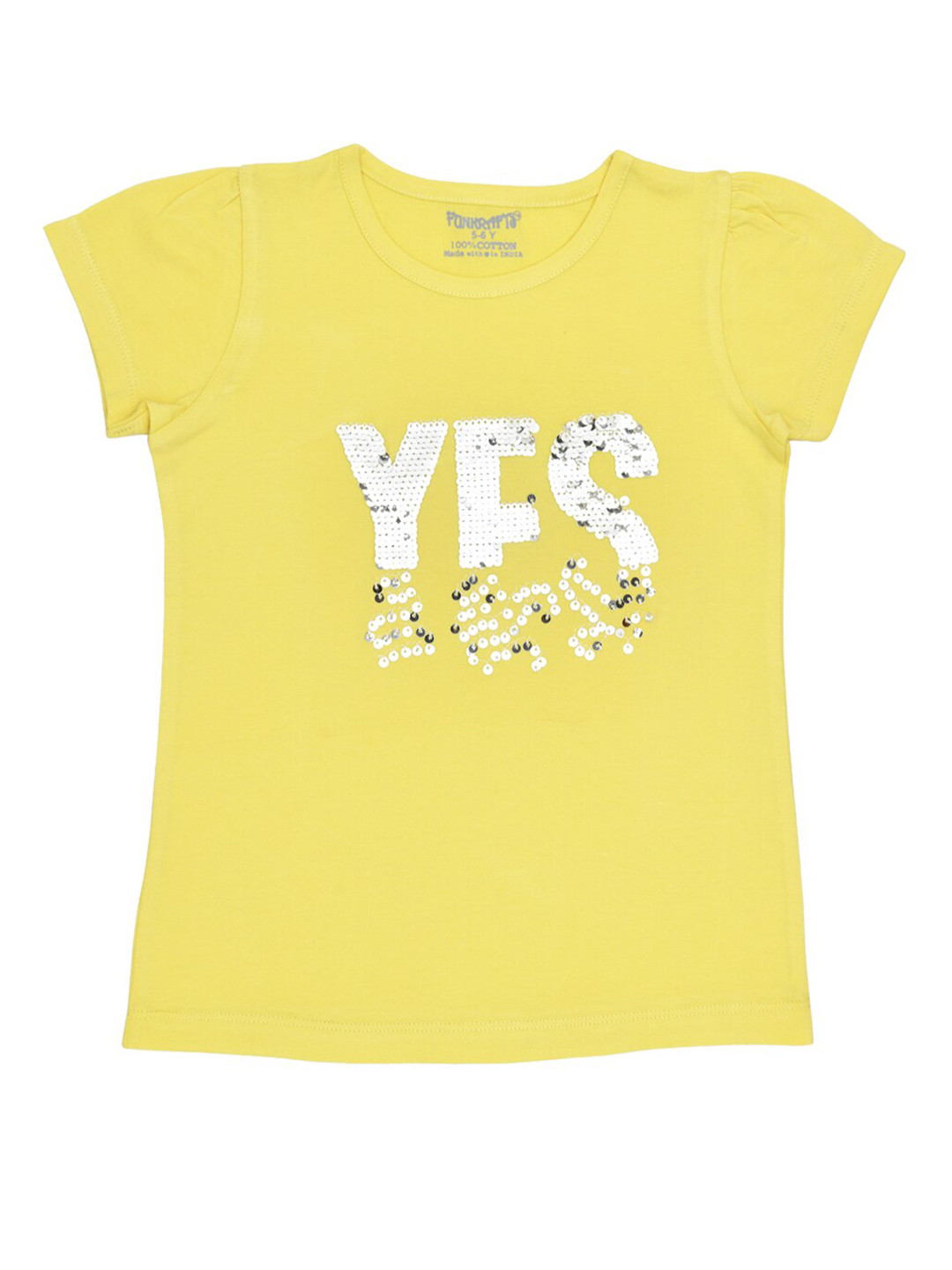 FUNKRAFTS Girls Yellow  Silver Sequinned Round Neck Pure Cotton T-shirt