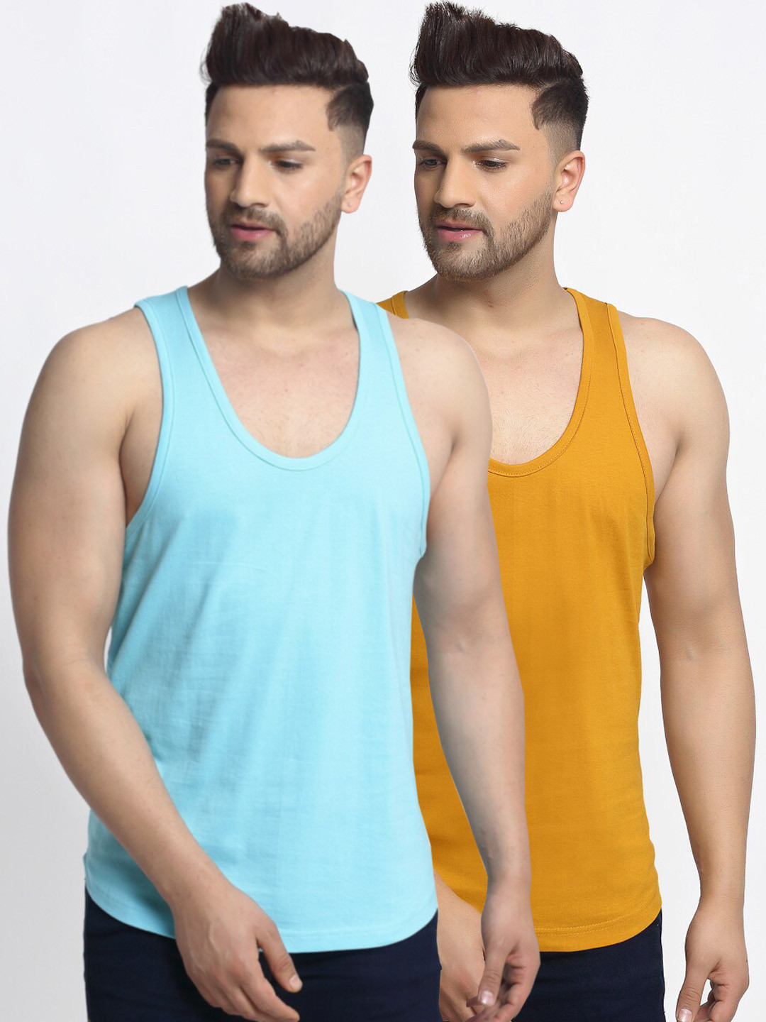 Friskers Men Pack Of 2 Turquoise Blue & Mustard Solid Cotton Gym Vest