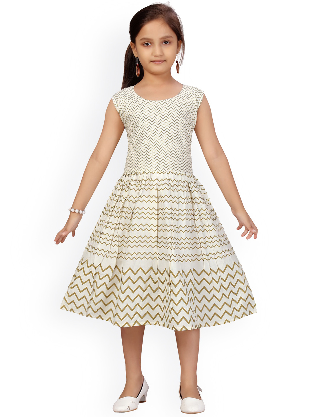 Aarika Girls Cream-Coloured Printed Fit and Flare Dress