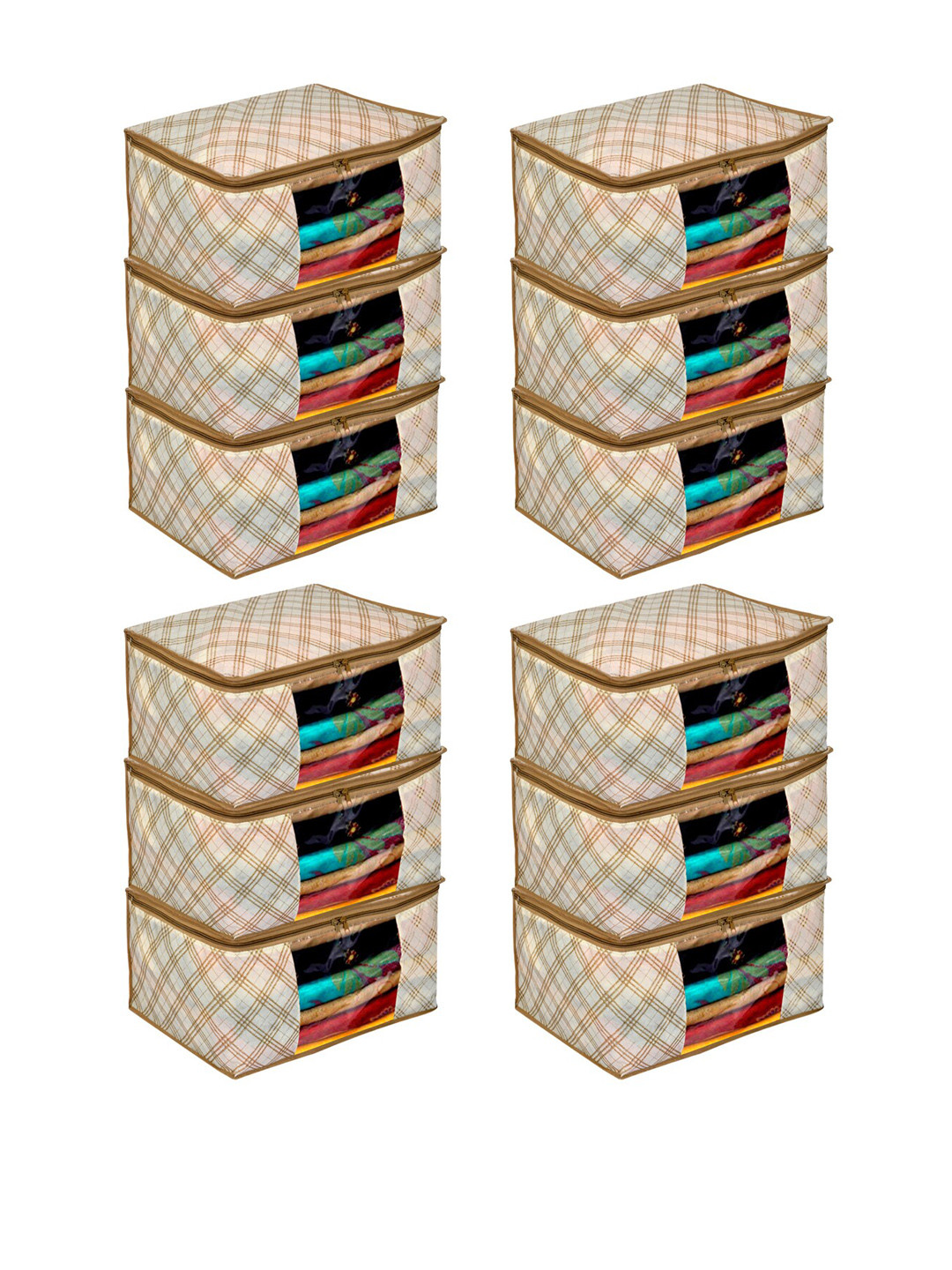 Kuber Industries Set Of 12 Cream-Colour & Brown Checked Saree Covers