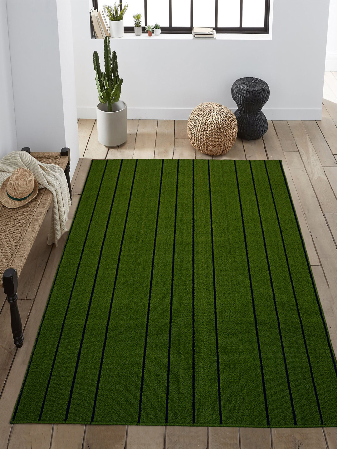 Saral Home Green & Black Striped Carpet