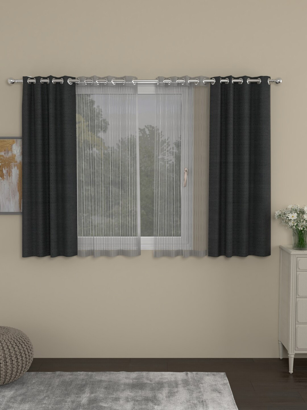 ROSARA HOME Dark Grey and Grey Set of 4 Solid Regular and Sheer Window Curtains