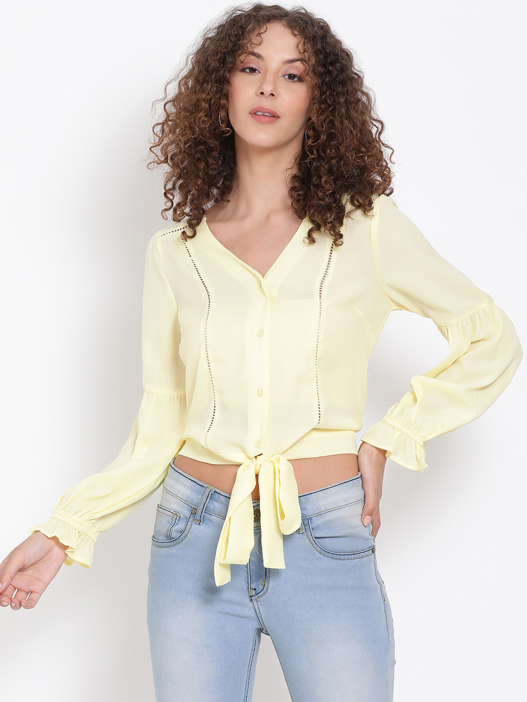Oxolloxo Yellow Bishop Sleeves Shirt Style Crop Top