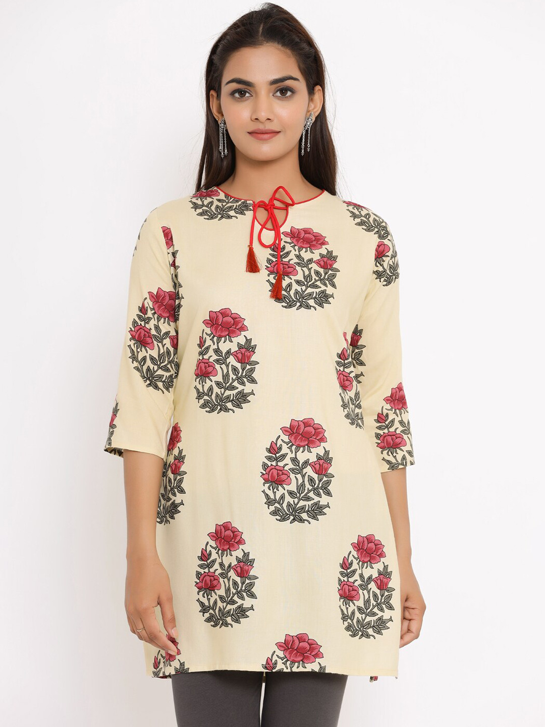 Fabriko Women Cream-Coloured & Green Floral Printed Kurti