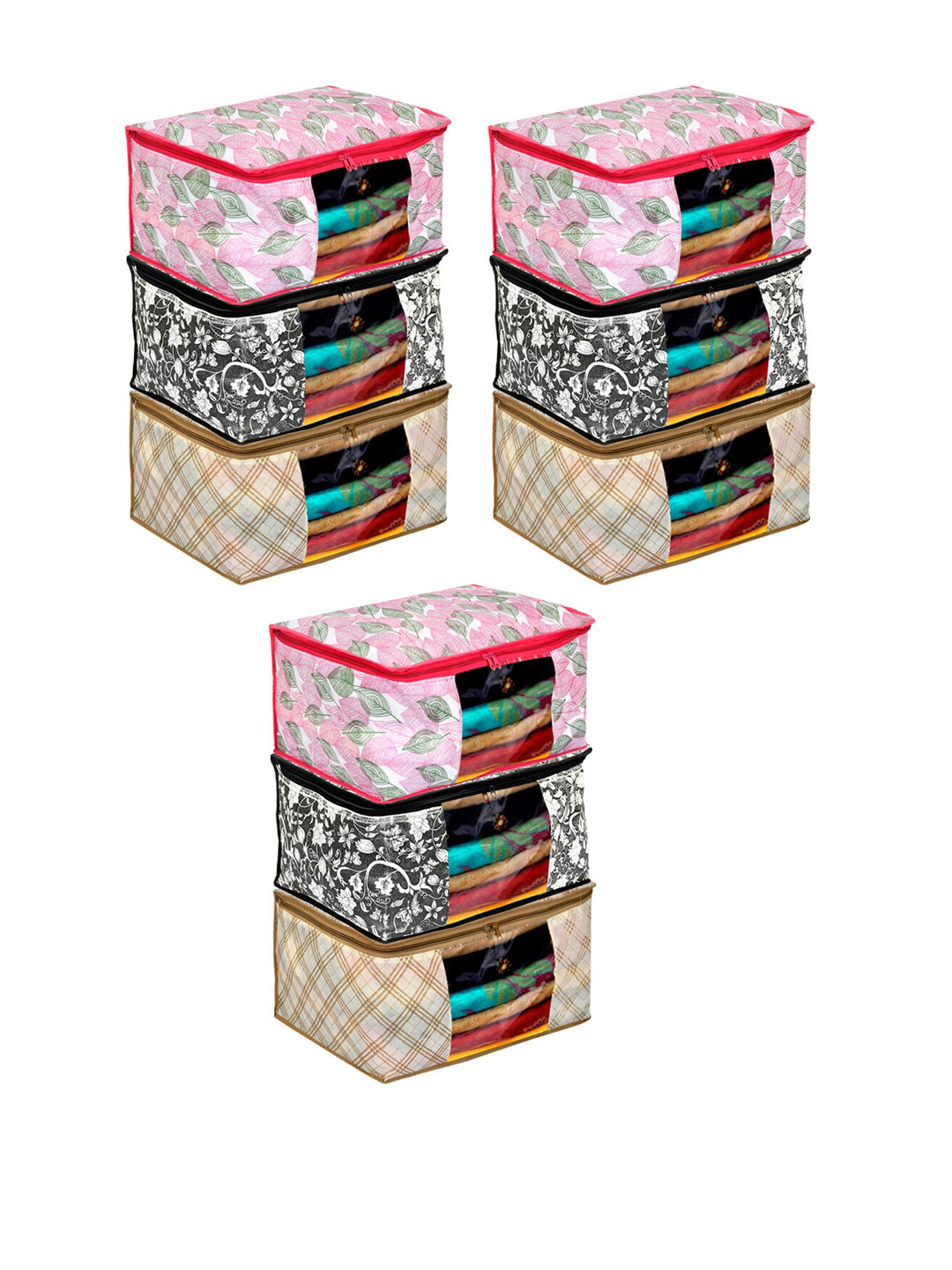 Kuber Industries Set Of 9 Multicoloured Metallic Printed Saree Organisers