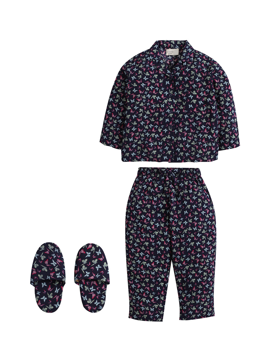 PICCOLO Girls Navy Blue & Green Printed Pure Cotton Night Suit with Slip-on