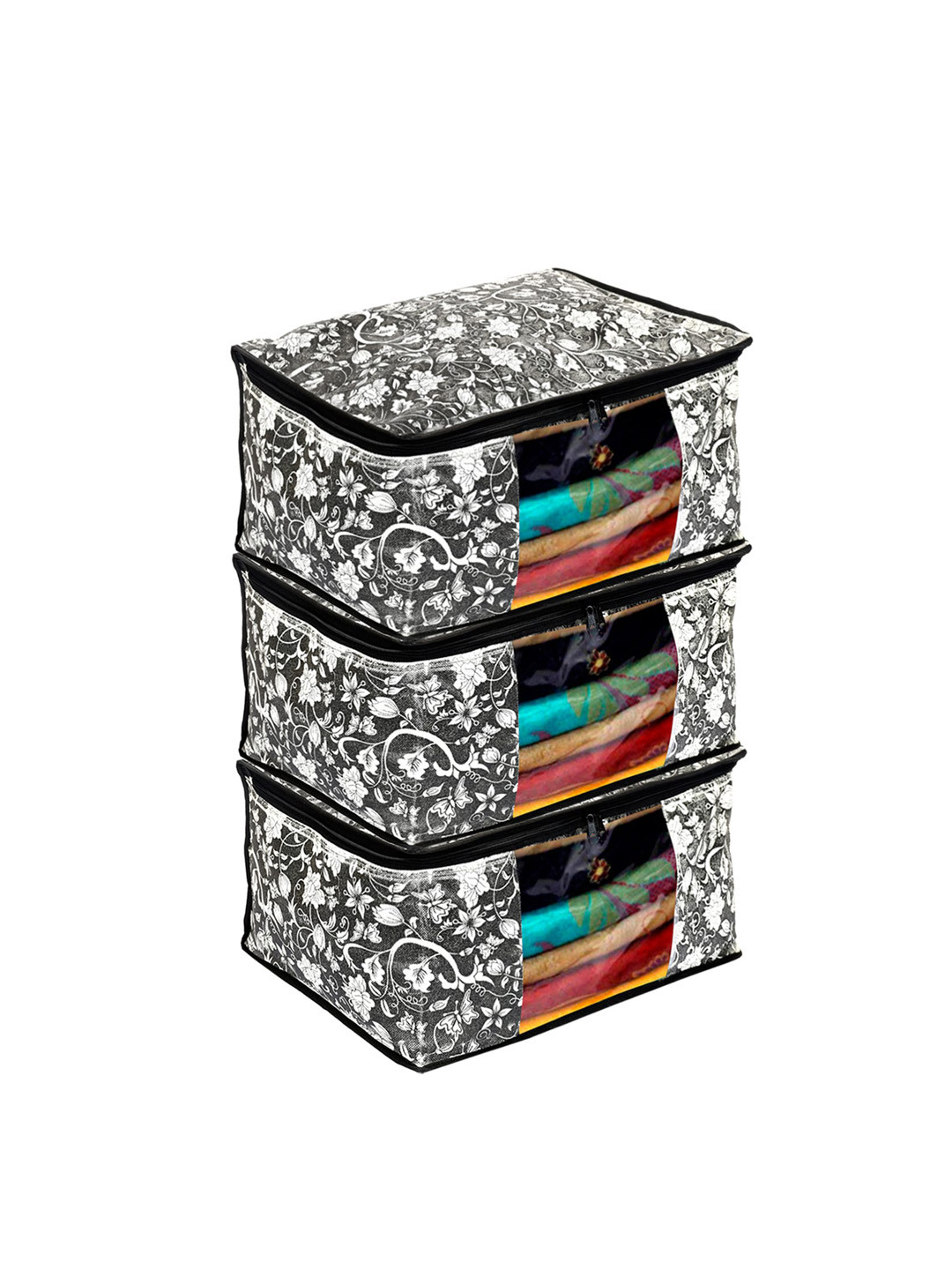 Kuber Industries Set of 3 Black & White Metallic Printed Clothes Organisers