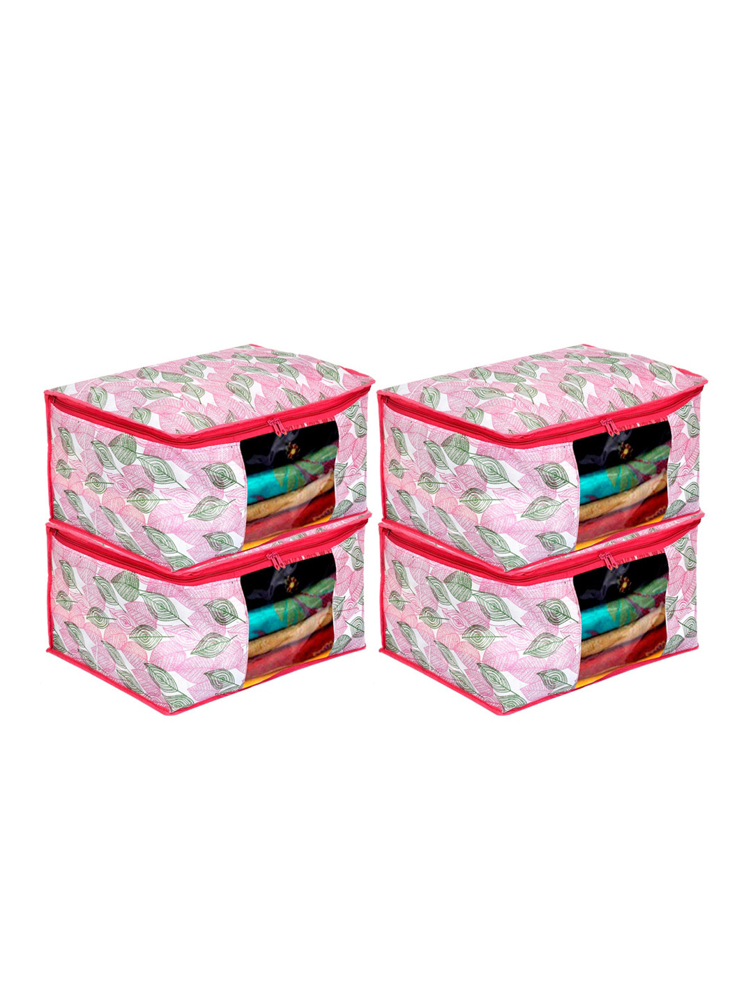 Kuber Industries Set Of 4 Pink & White Metallic Leaf Printed Cloth Organisers