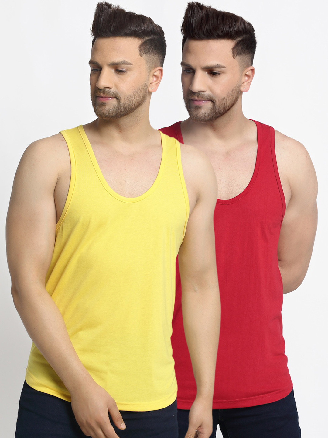 Friskers Men Pack Of 2 Yellow & Red Solid Innerwear Gym Vest