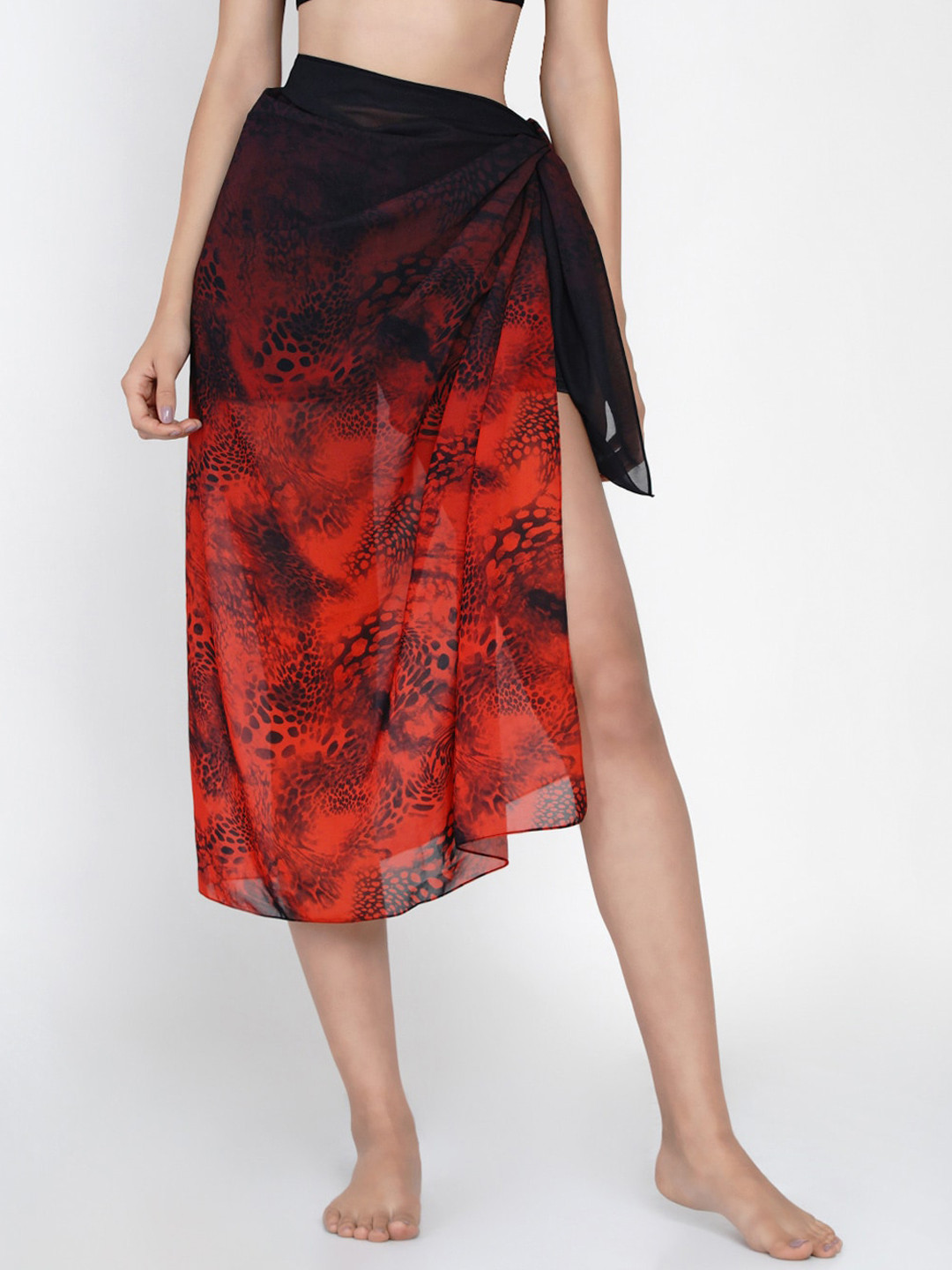 Aoba Women Red & Black Animal Printed Swimwear Cover up Sarong
