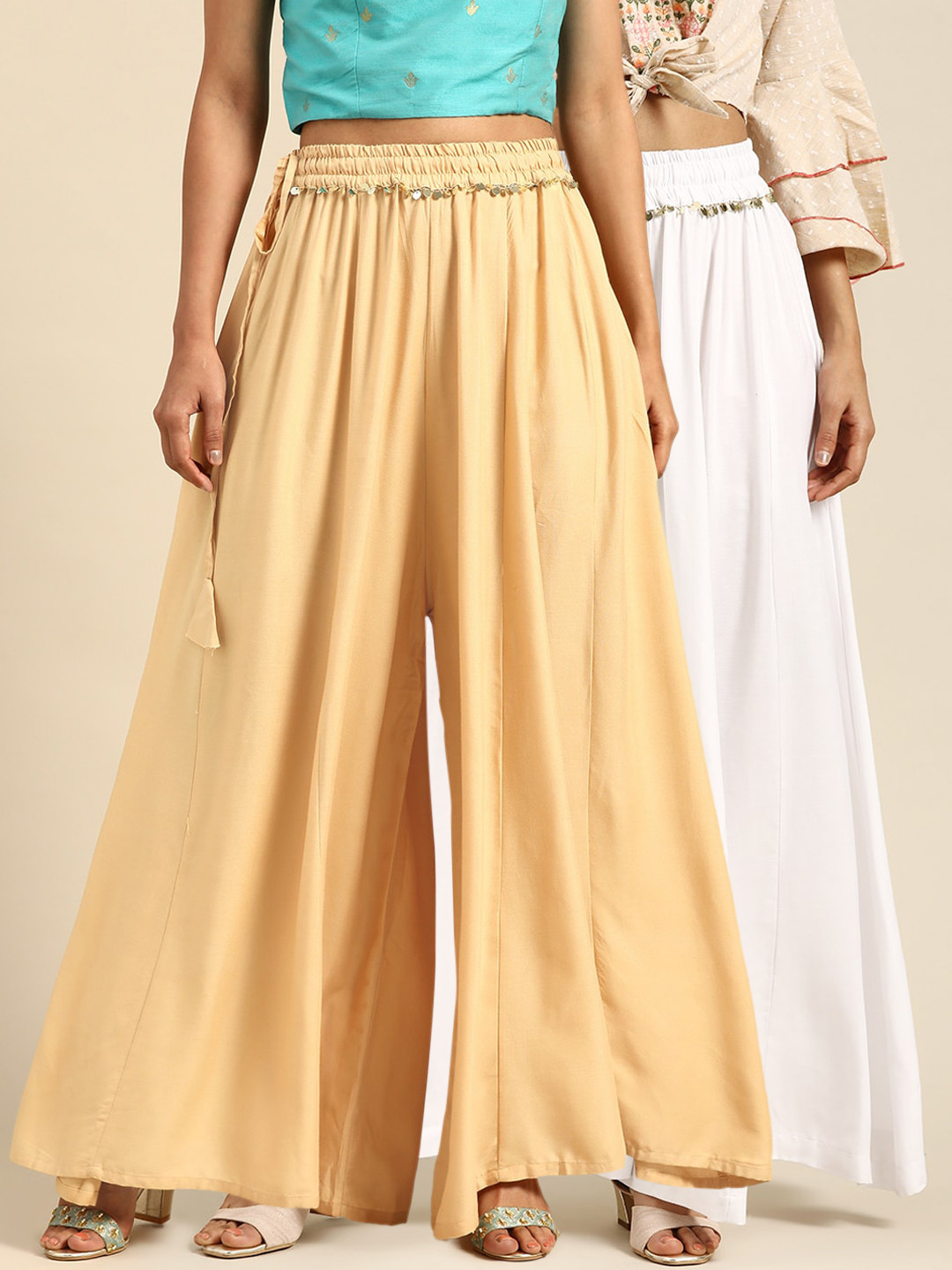 TAG 7 Women White & Cream-Coloured Solid Flared Palazzos