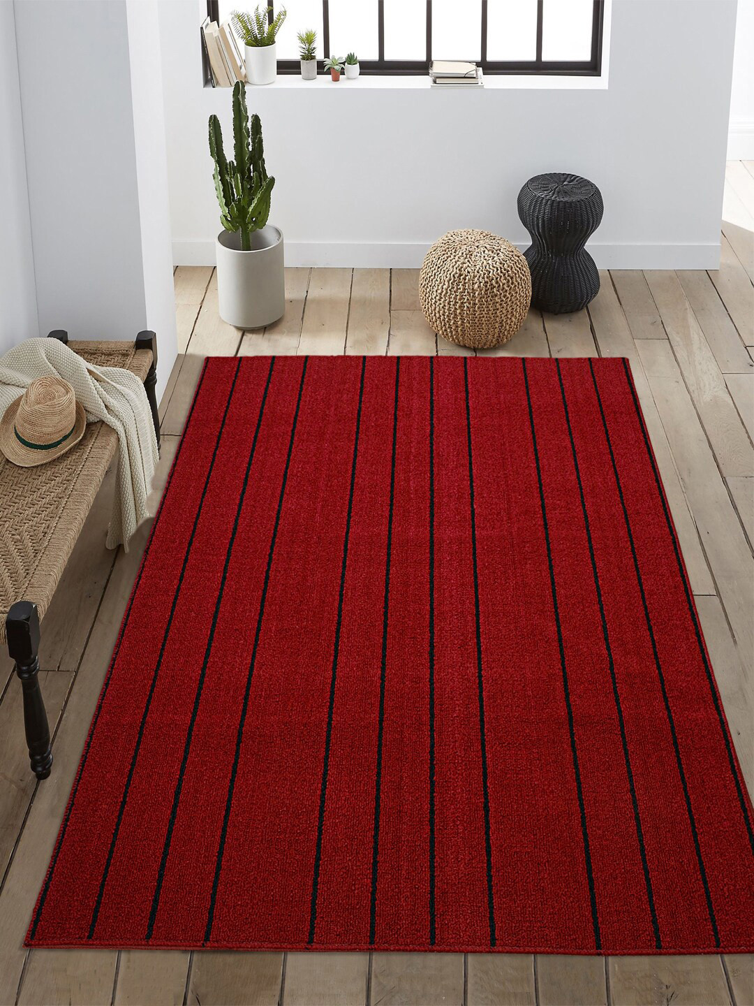 Saral Home Maroon & Black Striped Carpet