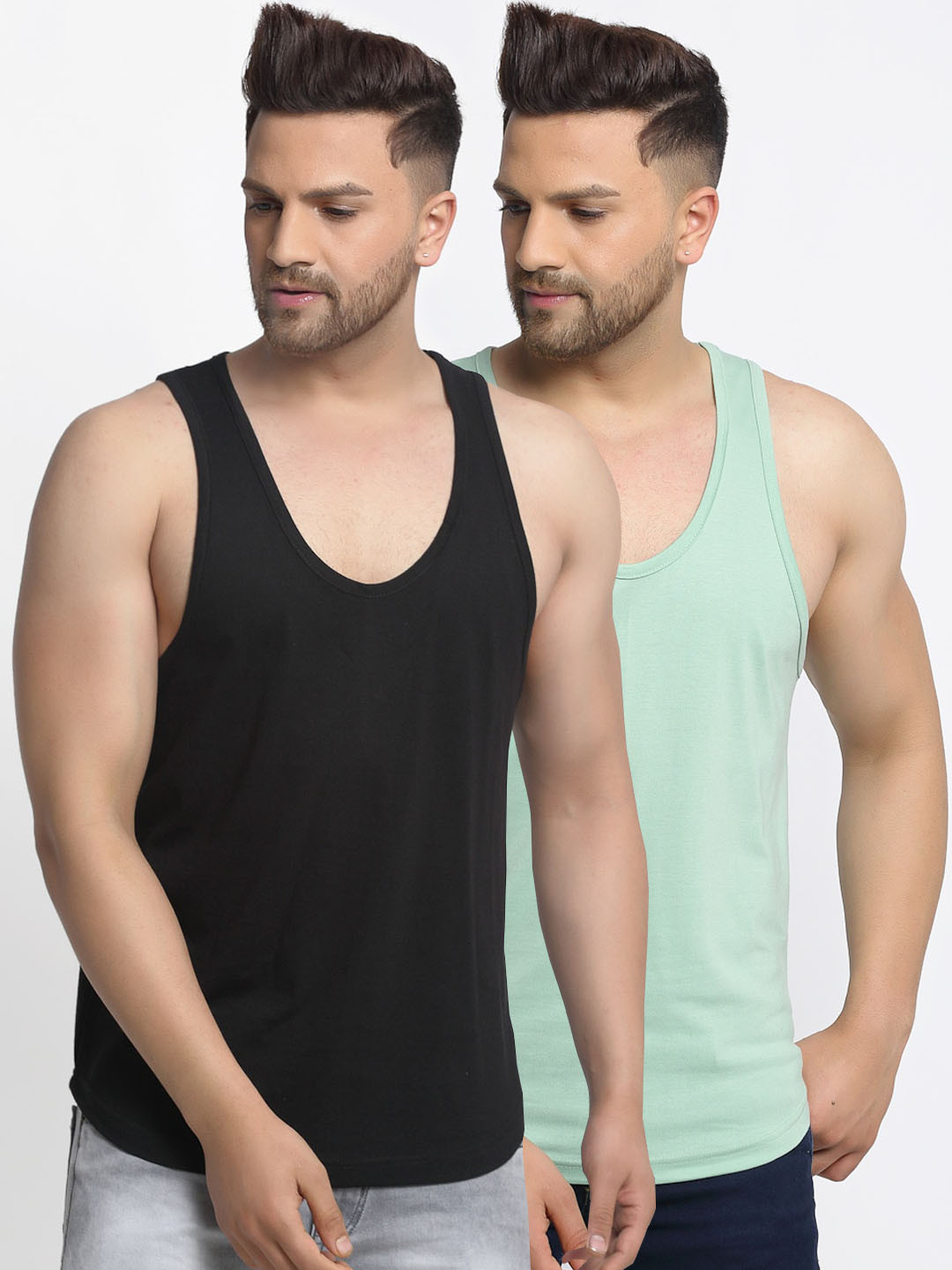 Friskers Men Pack Of 2 Black & Green Solid Apple Cut Vest