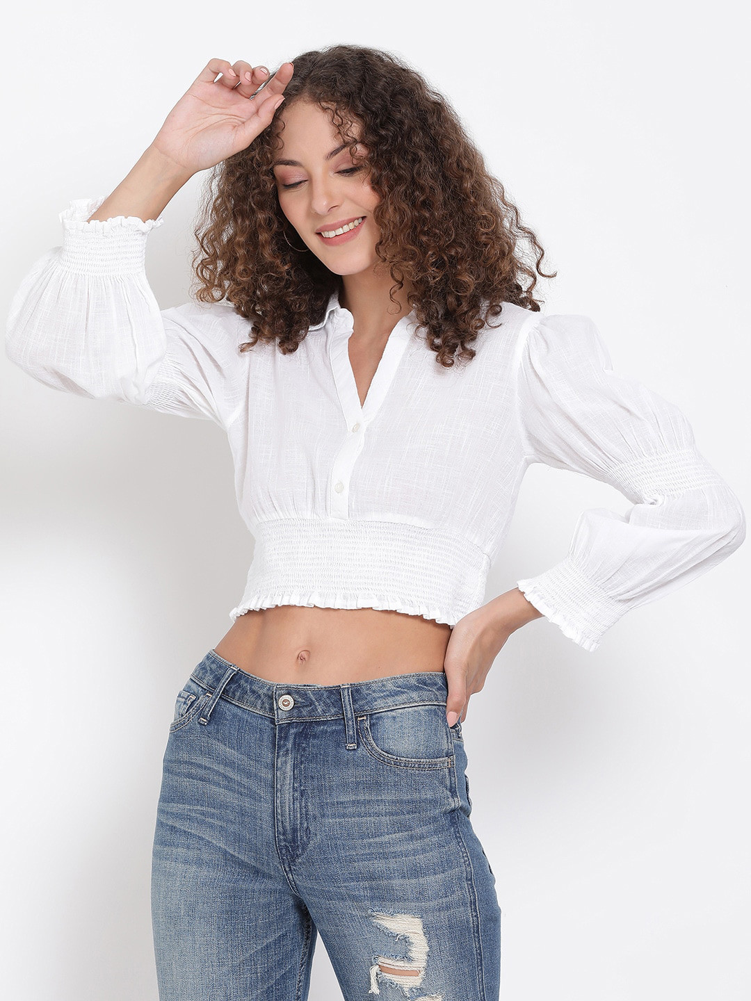 Oxolloxo White Puff Sleeves Crepe Blouson Crop Top
