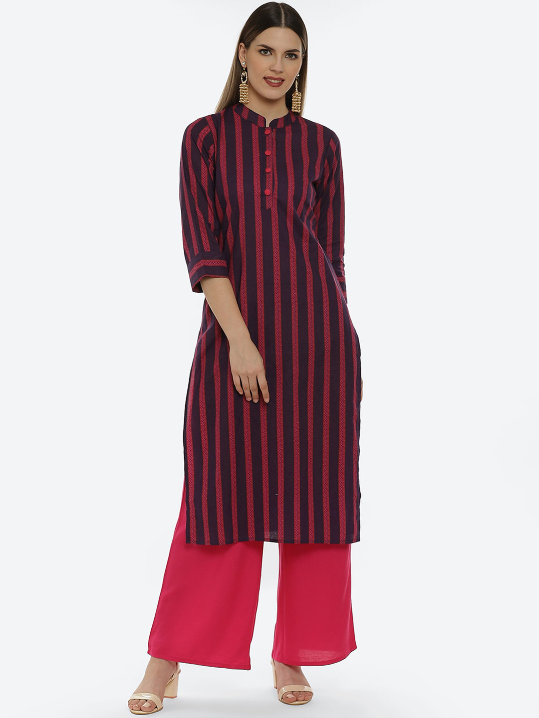 Kurti's by Menka Women Navy Blue & Red Striped Kurta