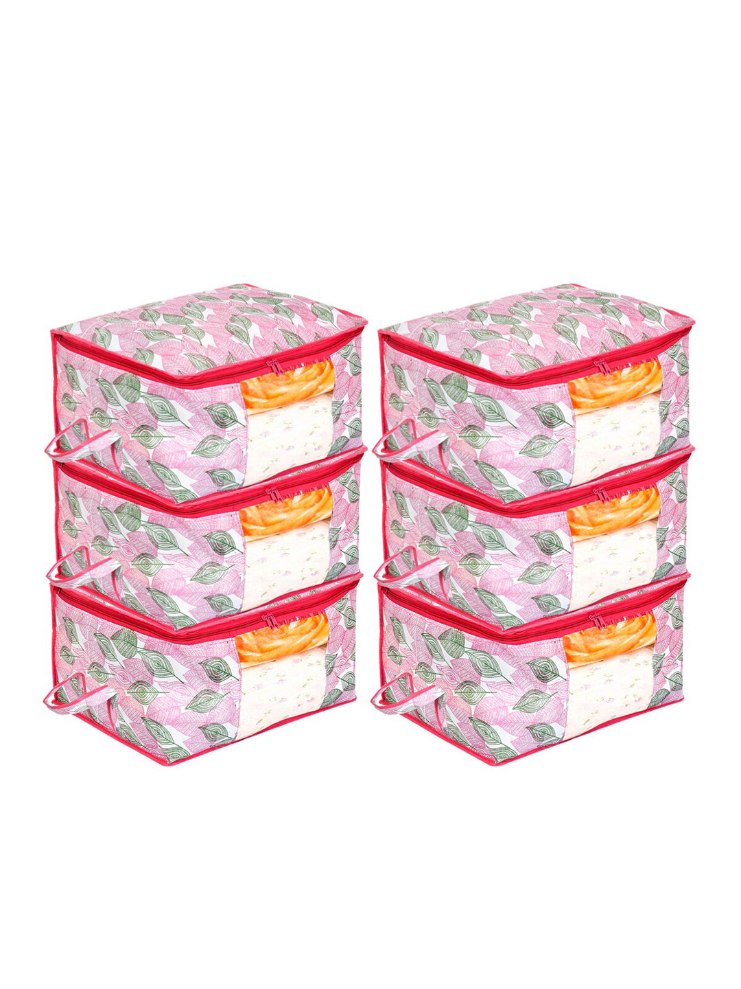 Kuber Industries Set of 6 Pink & Green Metallic Printed Cloth Organisers