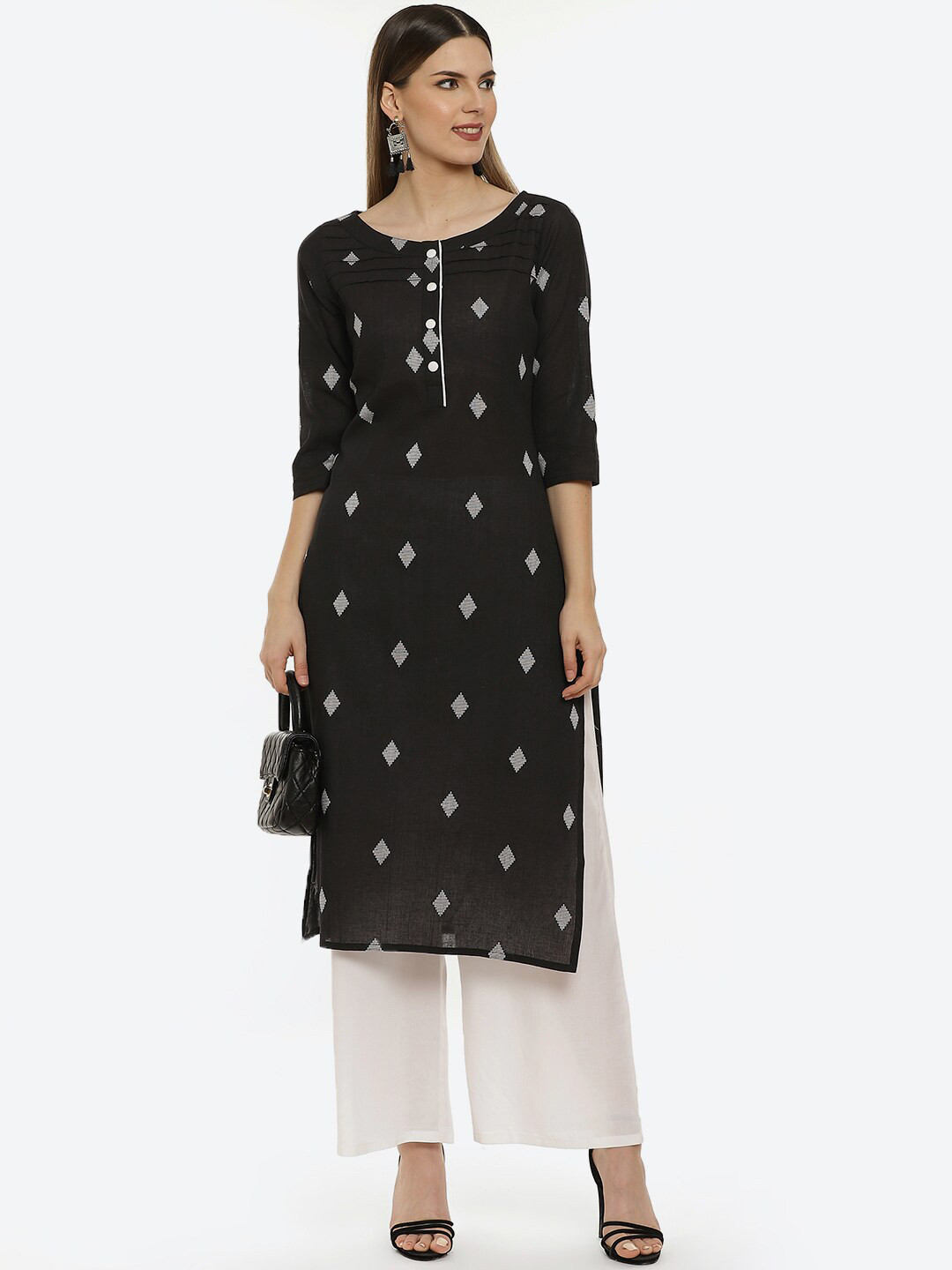 Kurti's by Menka Women Black Geometric Embroidered Thread Work Kurta
