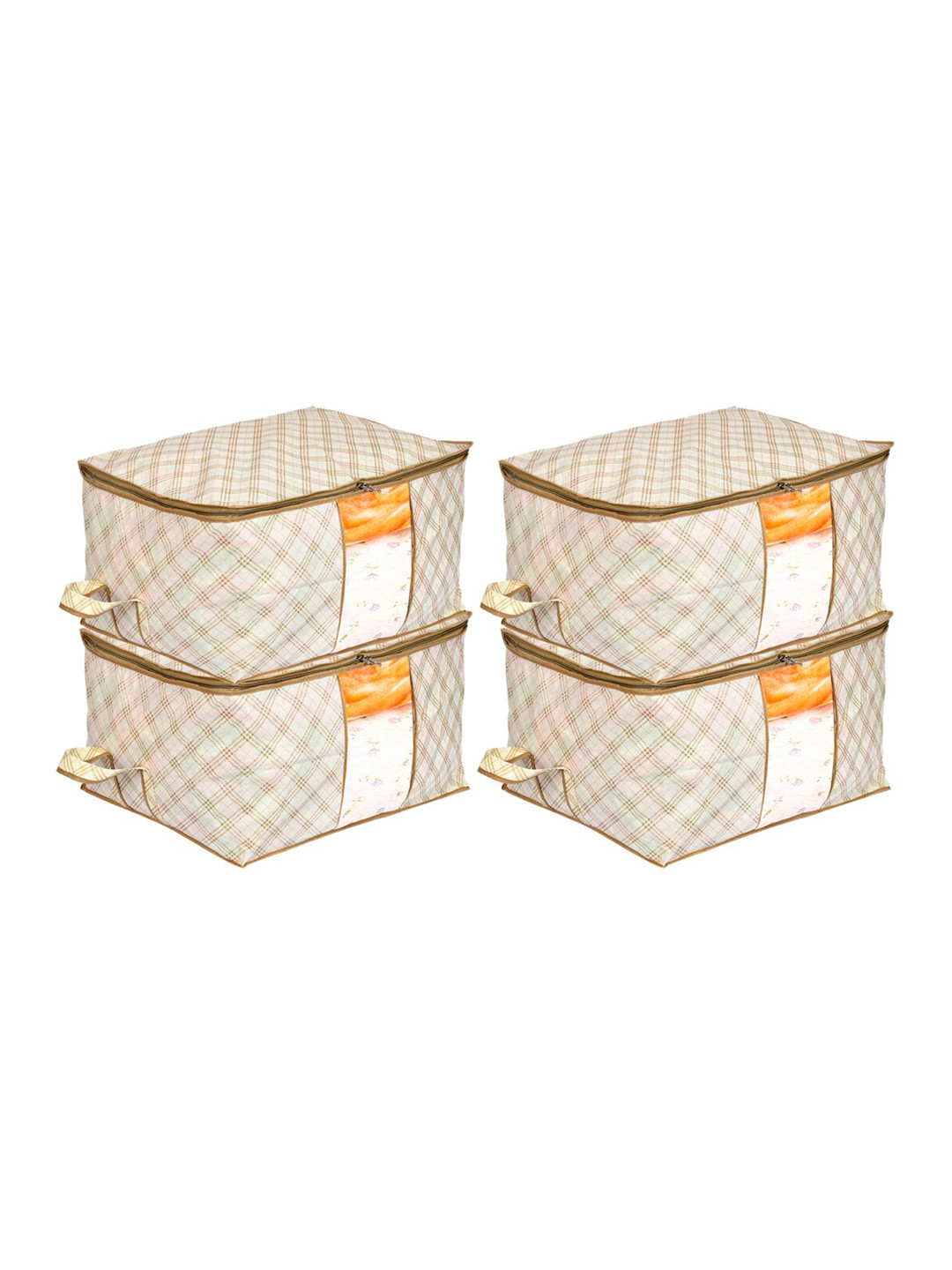 Kuber Industries Set of 4 Cream-Coloured & Yellow Metallic Printed Cloth Organisers