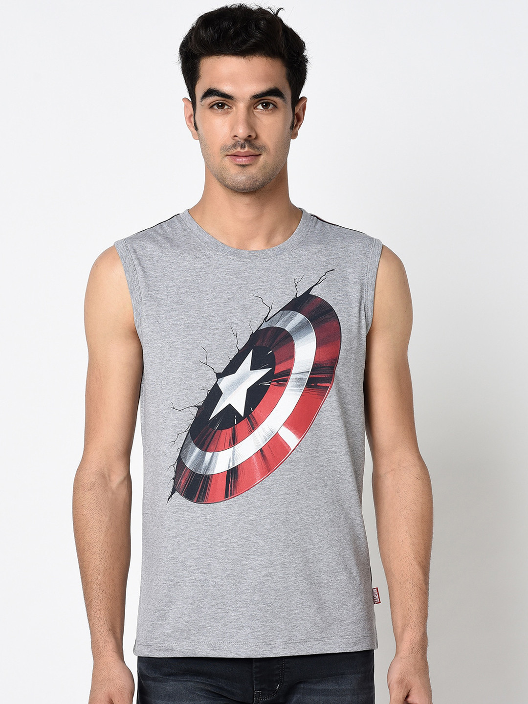 Octave Men Grey Captain America Printed Round Neck Cotton T-shirt