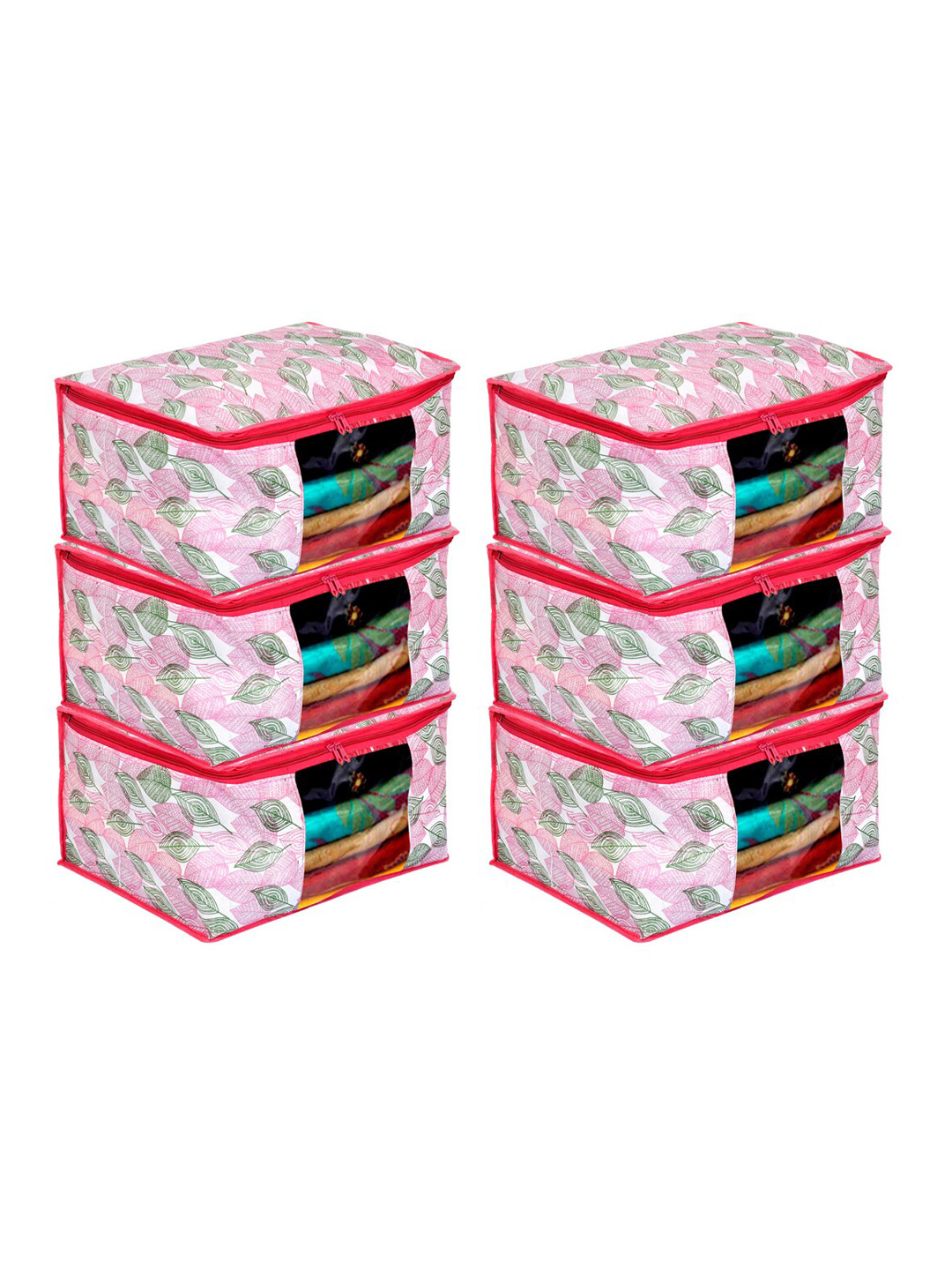 Kuber Industries Set Of 6 Pink & White Metallic Leaf Printed Drawer Organisers